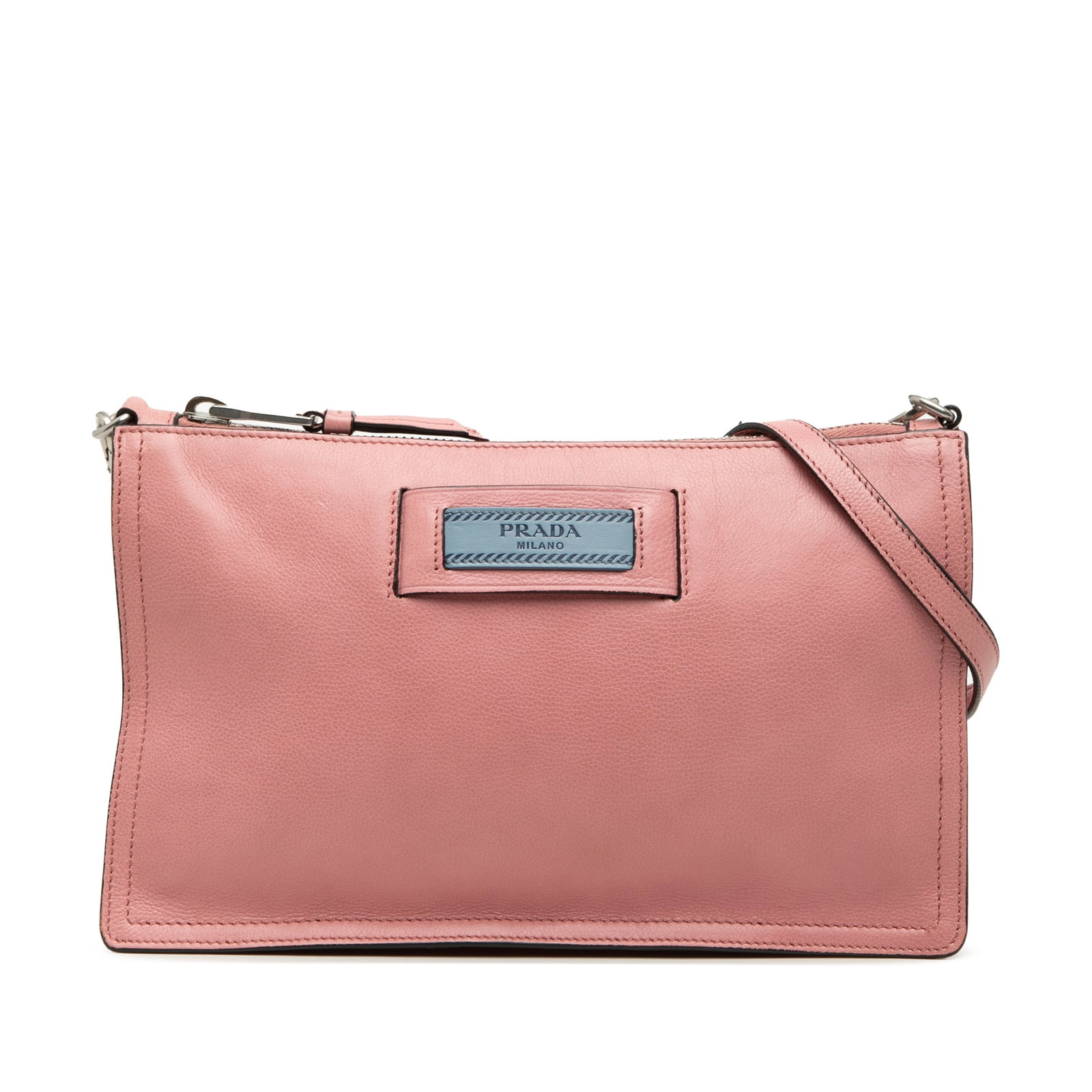 Prada Etiquette Pink Leather Shoulder Bag: Prada Etiquette Pink Leather Shoulder Bag Prada Glace Calf Etiquette Shoulder Bag in pink, made in Italy. This shoulder bag features a leather body, a flat leather strap, a top zip closure, and an int