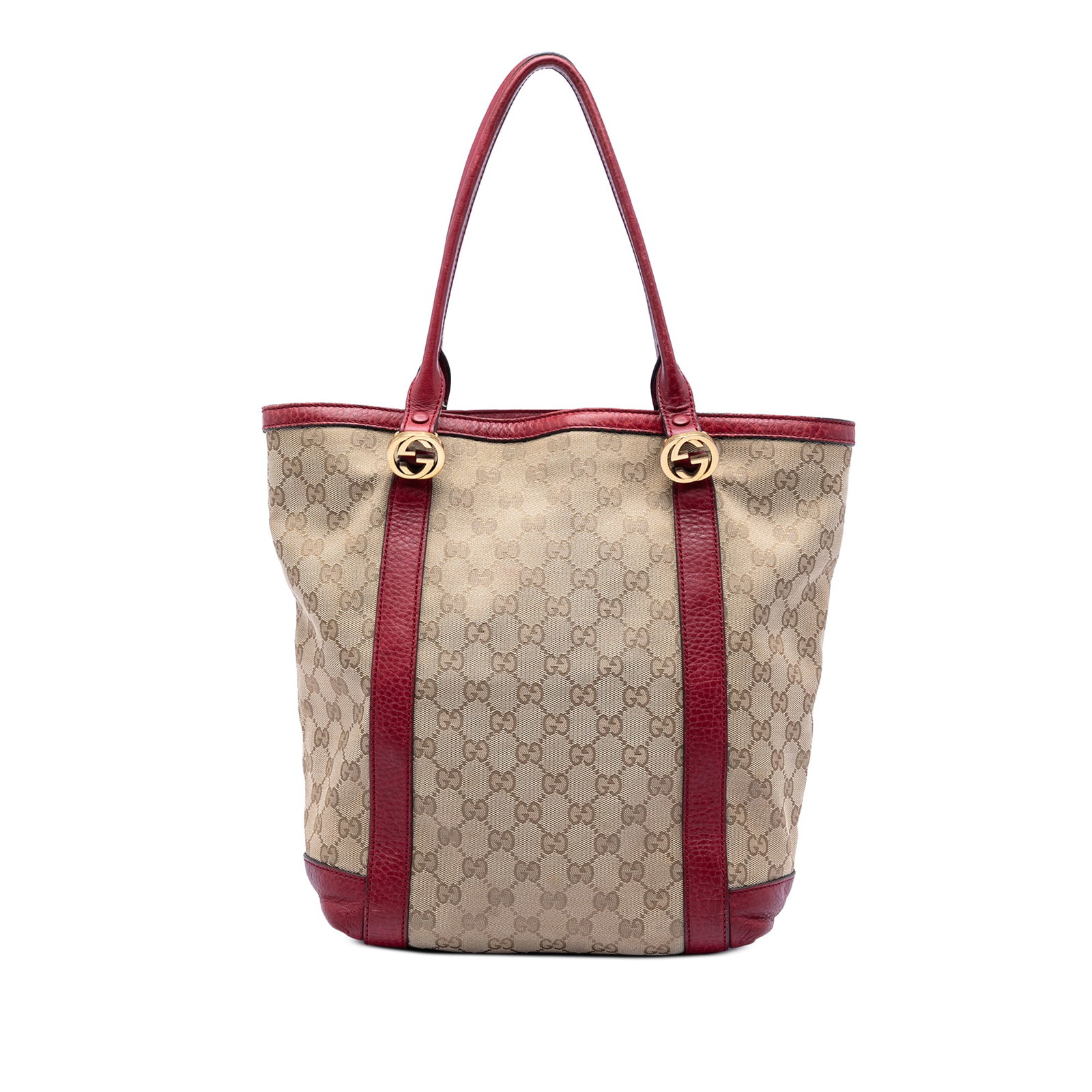 Gucci Twins Tote Bag in GG Canvas with Leather Trim: Gucci Twins Tote Bag in GG Canvas with Leather Trim This Gucci GG Canvas Twins Tote features a beige canvas body with leather trim, flat leather handles, an open top secured by a lobster clasp, and in