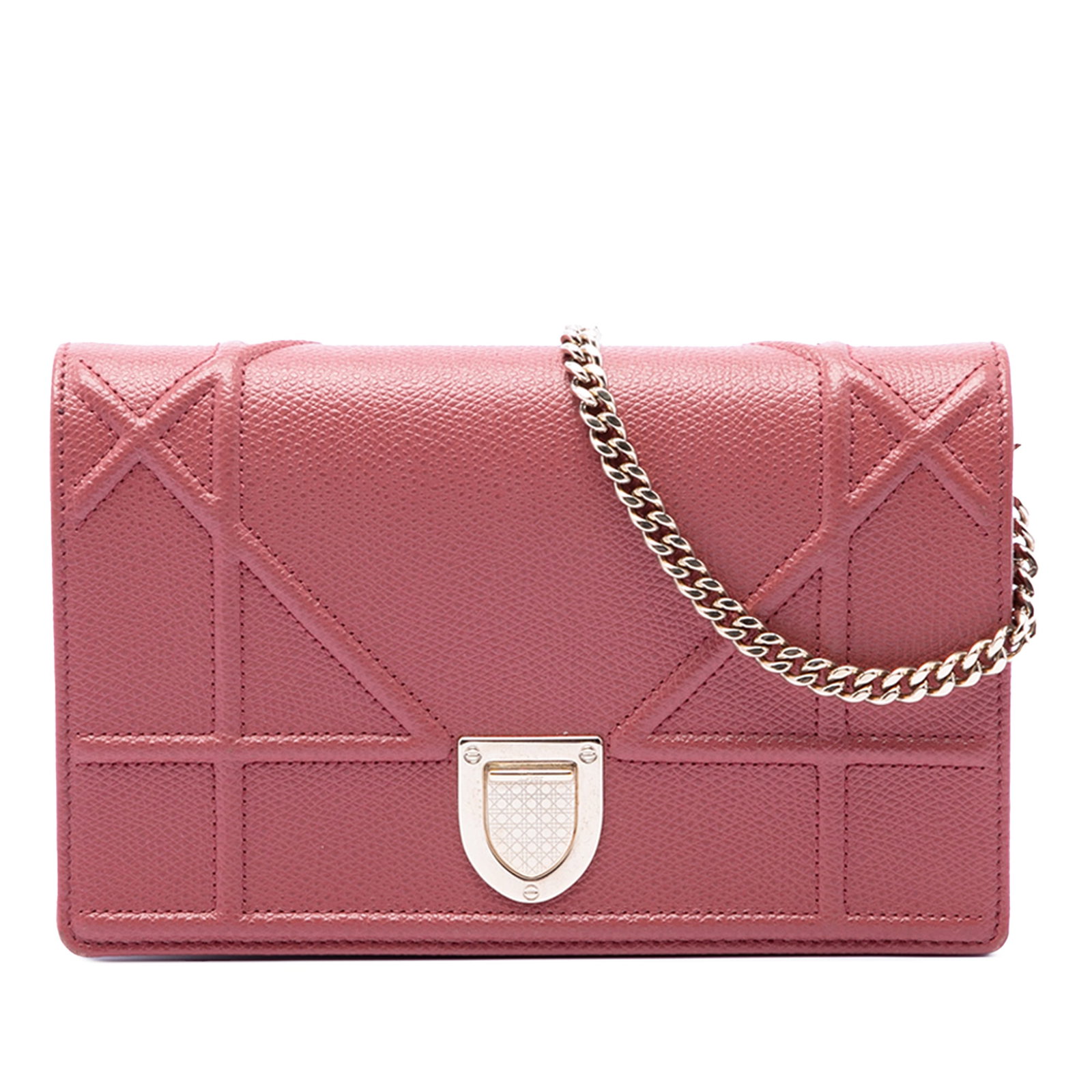 Dior Diorama Wallet on Chain Red Grained Calfskin Crossbody: Dior Diorama Wallet on Chain Red Grained Calfskin Crossbody This is a Dior Diorama Wallet on Chain crossbody bag made from leather with a grained calfskin finish. It features a chain link strap, a fro