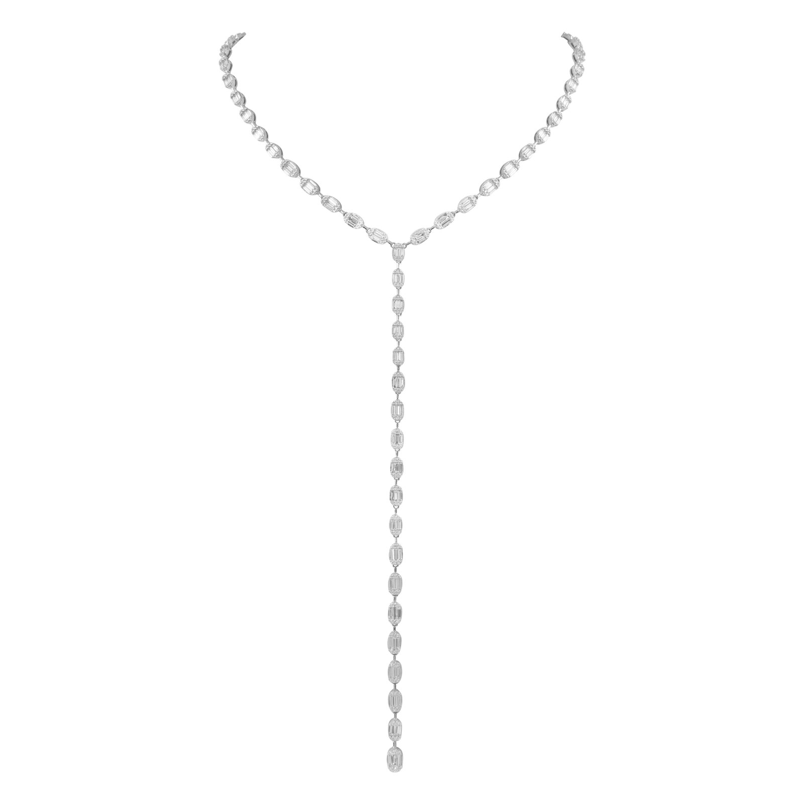 7.21ct Diamond Drop Necklace in 18k White Gold: 7.21ct Diamond Drop Necklace in 18k White Gold This stunning drop necklace features a captivating arrangement of 567 round and baguette cut diamonds totaling 7.21 carats, set in luxurious 18k white go