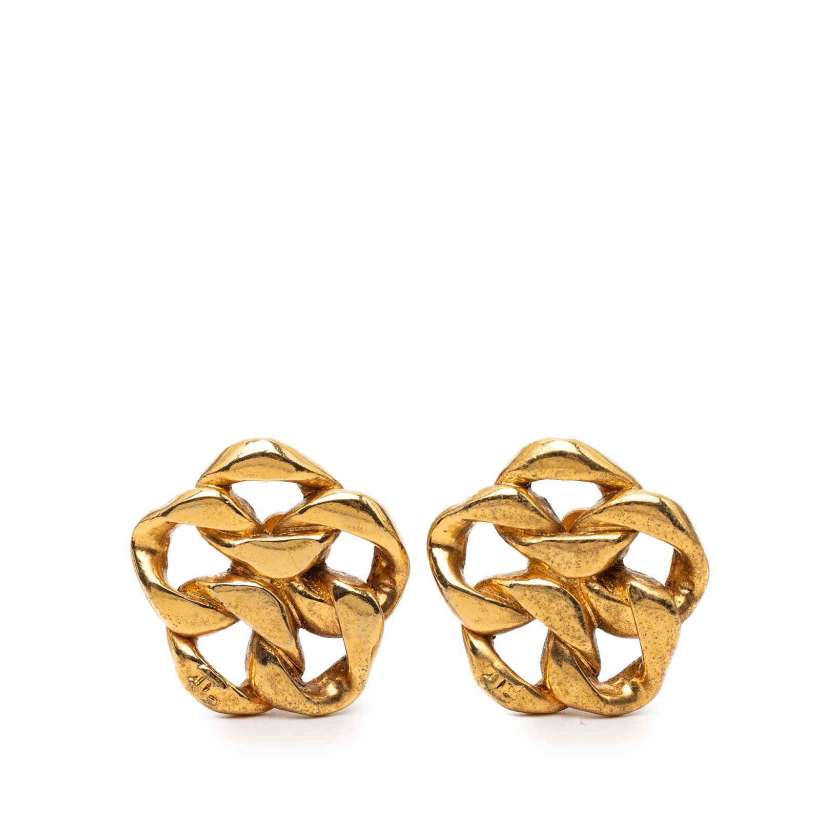 Chanel Gold Plated Clip On Chain Link Earrings: Chanel Gold Plated Clip On Chain Link Earrings These Chanel earrings feature gold-plated metal chain link bodies with clip-on closures. Made in France, they are designed as costume jewelry and showcas