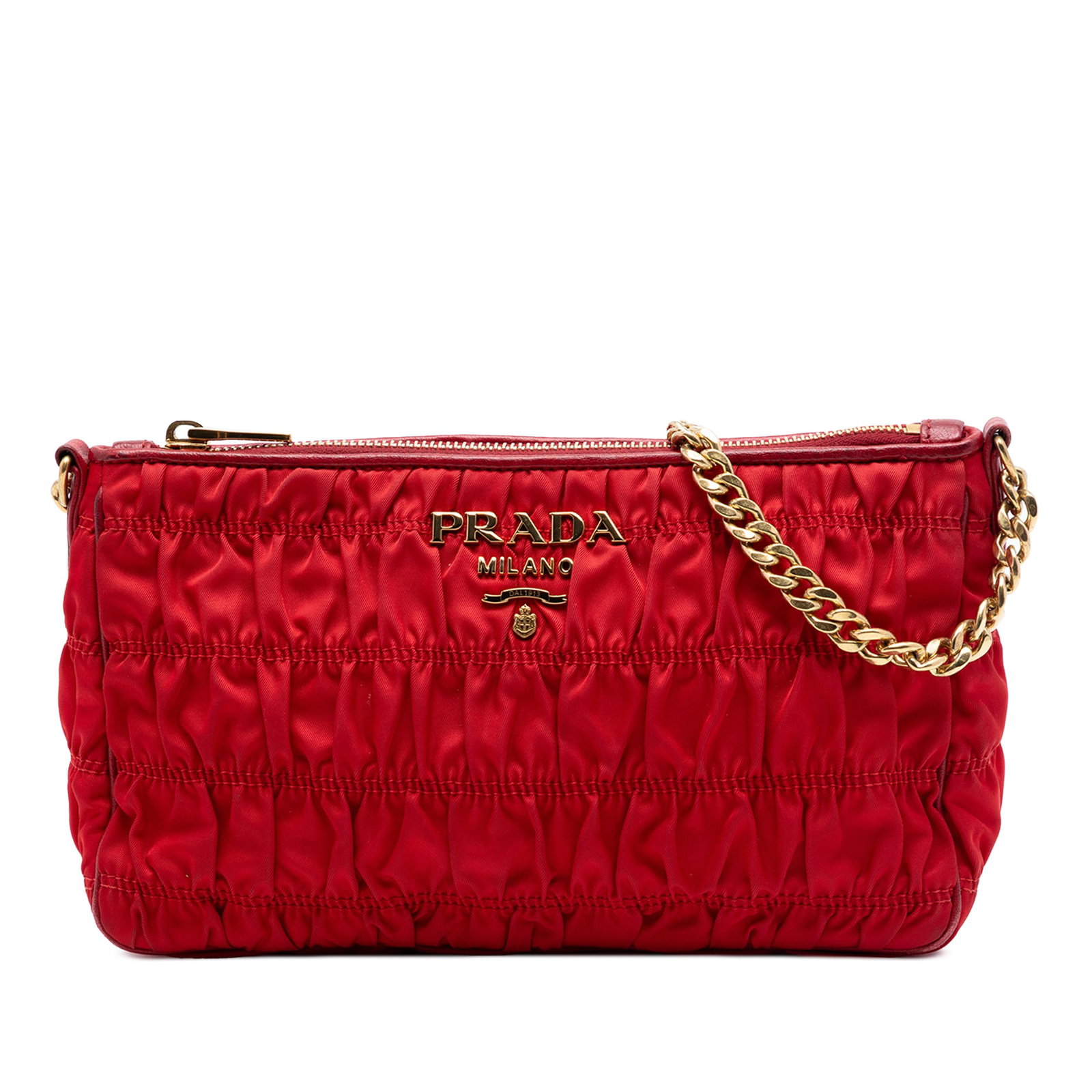 Prada Tessuto Gaufre Red Nylon Crossbody Bag: Prada Tessuto Gaufre Red Nylon Crossbody Bag Prada Tessuto Gaufre crossbody bag in red gathered nylon with an adjustable flat leather and chain-link strap, top zip closure, and an interior zip pocket.