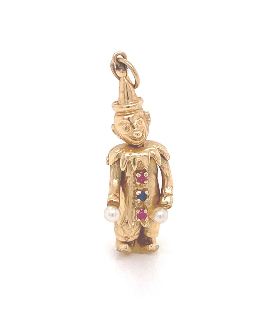 Movable Clown Charm Pendant 14k Yellow Gold Ruby Sapphire Pearl (1 of 7)