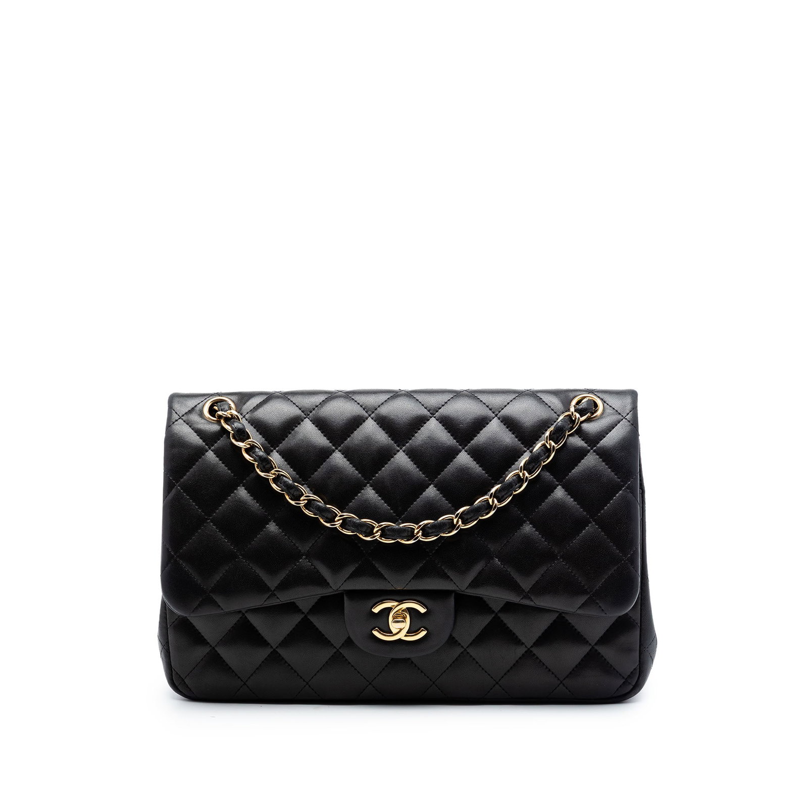 Chanel Jumbo Classic Double Flap Black Lambskin Shoulder Bag: Chanel Jumbo Classic Double Flap Black Lambskin Shoulder Bag Chanel Jumbo Classic Lambskin Double Flap shoulder bag crafted in black quilted lambskin leather. It features leather-woven chain straps, d