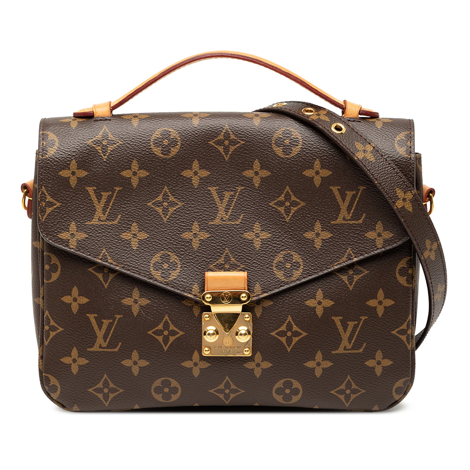 Louis Vuitton Pochette Metis Bag Monogram Canvas with Leather Handle: Louis Vuitton Pochette Metis Bag Monogram Canvas with Leather Handle The Louis Vuitton Monogram Pochette Metis is crafted from monogram canvas with a flat vachetta leather top handle and a detachable 