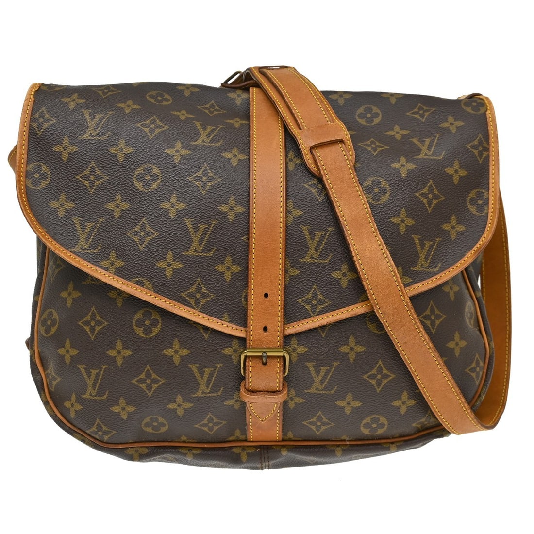 Vintage Louis Vuitton Saumur 35 Monogram Shoulder Bag M42254: Vintage Louis Vuitton Saumur 35 Monogram Shoulder Bag M42254 Vintage Louis Vuitton Saumur 35 shoulder bag in brown Monogram canvas with leather trim and a buckle closure. This medium unisex bag featur