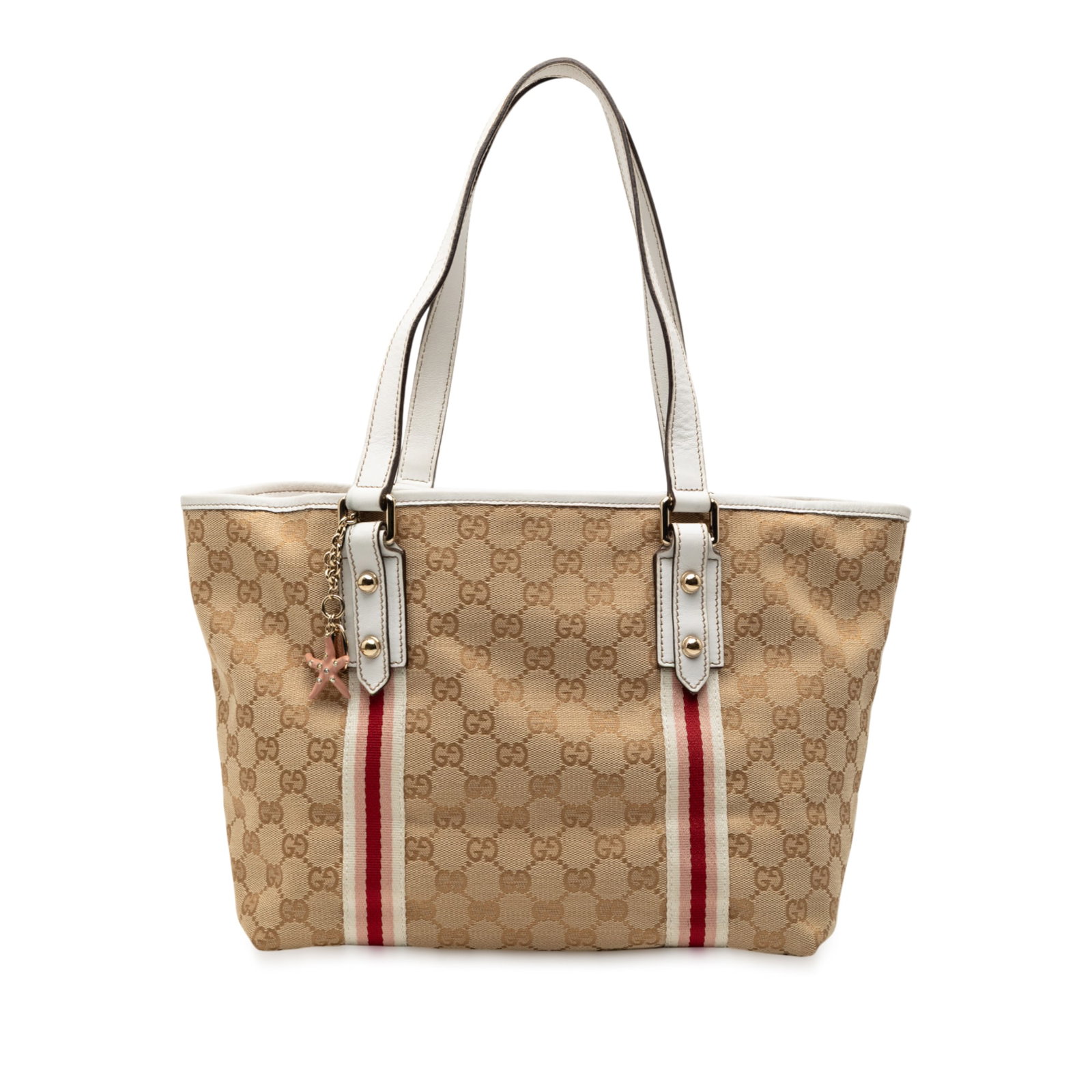 Gucci Jolicoeur GG Canvas Beige Tote Bag with Leather Trim: Gucci Jolicoeur GG Canvas Beige Tote Bag with Leather Trim This Gucci GG Canvas Jolicoeur Tote features a canvas body with leather trim, flat leather straps, an open top, and interior zip and slip poc