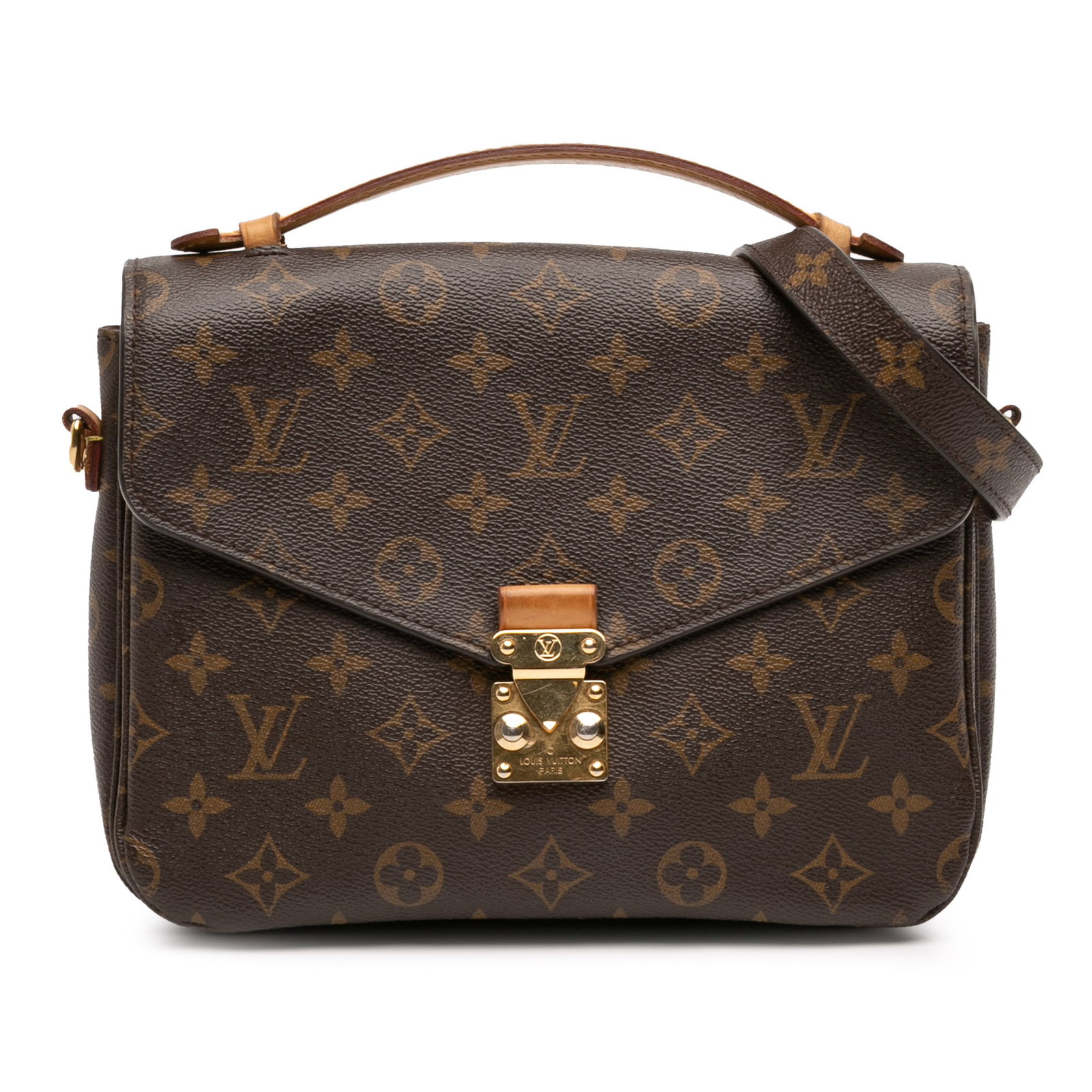 Louis Vuitton Pochette Metis Monogram Canvas Shoulder Bag with S-Lock: Louis Vuitton Pochette Metis Monogram Canvas Shoulder Bag with S-Lock The Louis Vuitton Monogram Pochette Metis features a monogram canvas body, a flat vachetta leather top handle, and a detachable fl