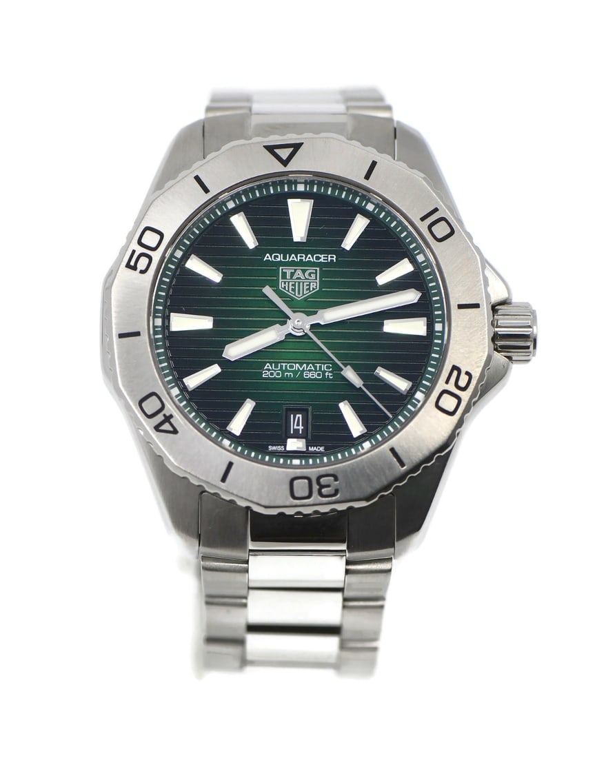 TAG Heuer WBP2115 Aquaracer men's stainless steel wristwatch: TAG Heuer WBP2115 Aquaracer men's stainless steel wristwatch TAG Heuer Aquaracer stainless steel wristwatch with a silver bezel, green teak-pattern dial, and baton indexes. It features a unidirectiona
