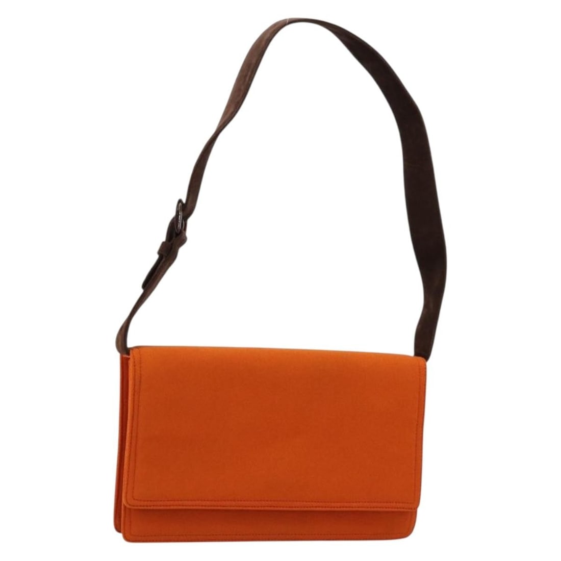 Prada Cotton Shoulder Bag in Orange with Silver Tone Hardware: Prada Cotton Shoulder Bag in Orange with Silver Tone Hardware A Prada shoulder bag in orange and silver cotton, made in Italy. It features a compact rectangular profile with a shoulder strap and comes