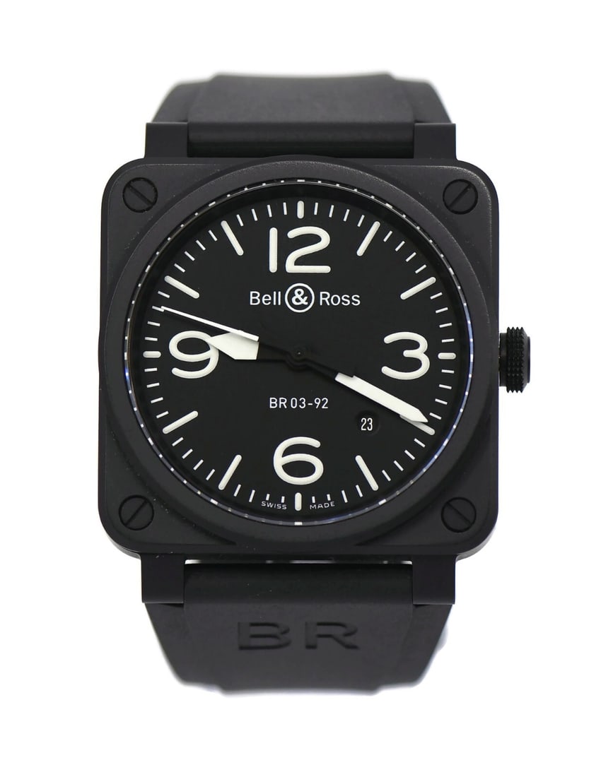 Bell & Ross Aviation BR0392 42 mm black ceramic automatic wristwatch: Bell & Ross Aviation BR0392 42 mm black ceramic automatic wristwatch Bell & Ross Aviation Black Ceramic Watch BR0392, a men's wristwatch with a pilot/aviator style. It features a black ceramic case, a