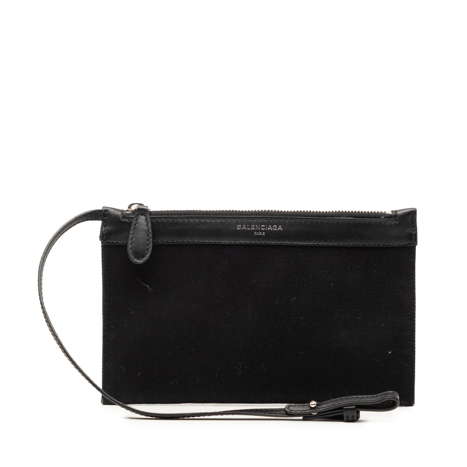 Balenciaga black canvas pouch with leather trim: Balenciaga black canvas pouch with leather trim This Balenciaga Canvas Navy Cabas Pouch features a canvas body with leather trim, a flat leather strap, and a top zip closure. The pouch is crafted in I