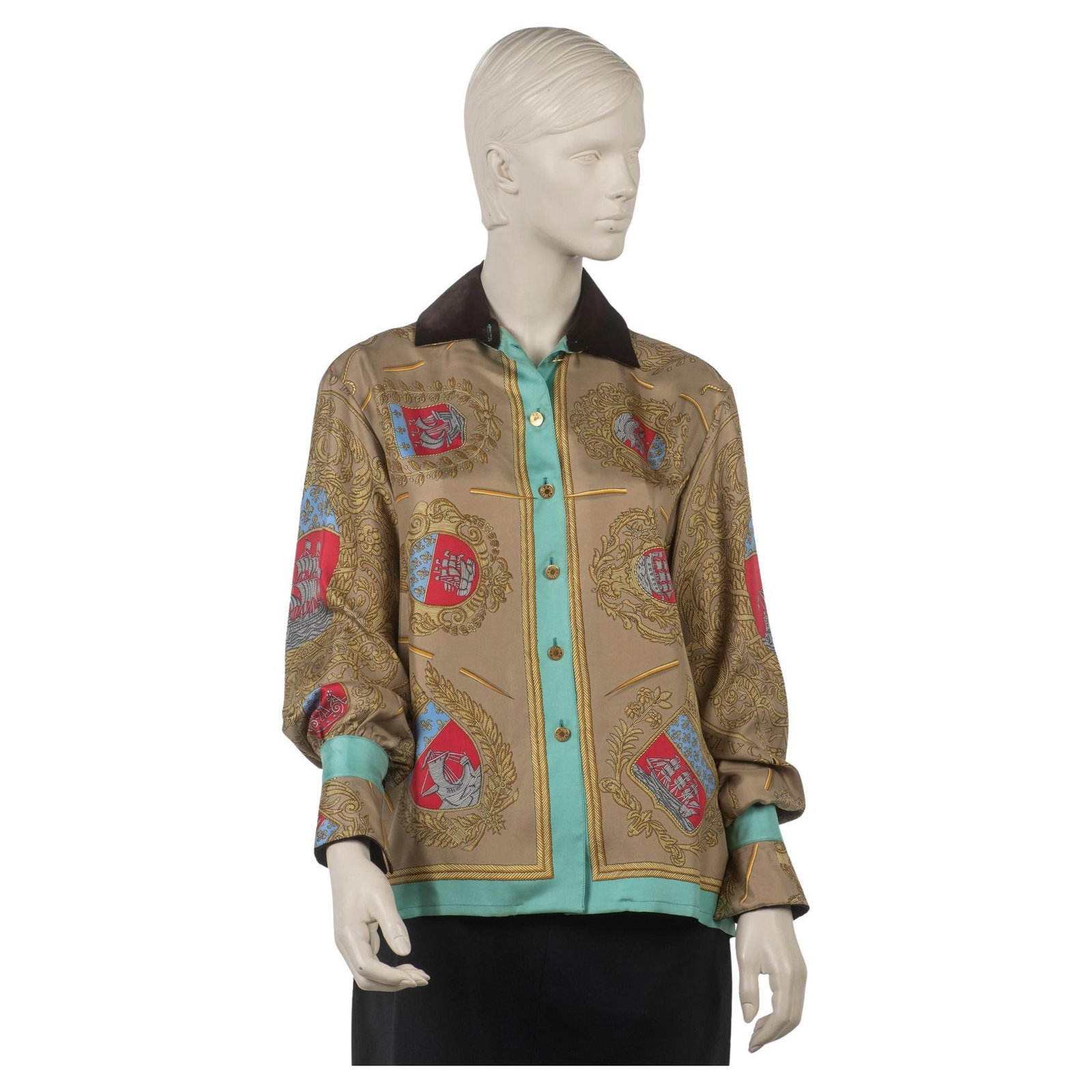 Hermes silk button-up top with velvet collar and gold buttons: Hermes silk button-up top with velvet collar and gold buttons This Hermes printed silk top, titled "Les Armes," showcases a button-up design with gold buttons and a velvet collar. The shirt includes a
