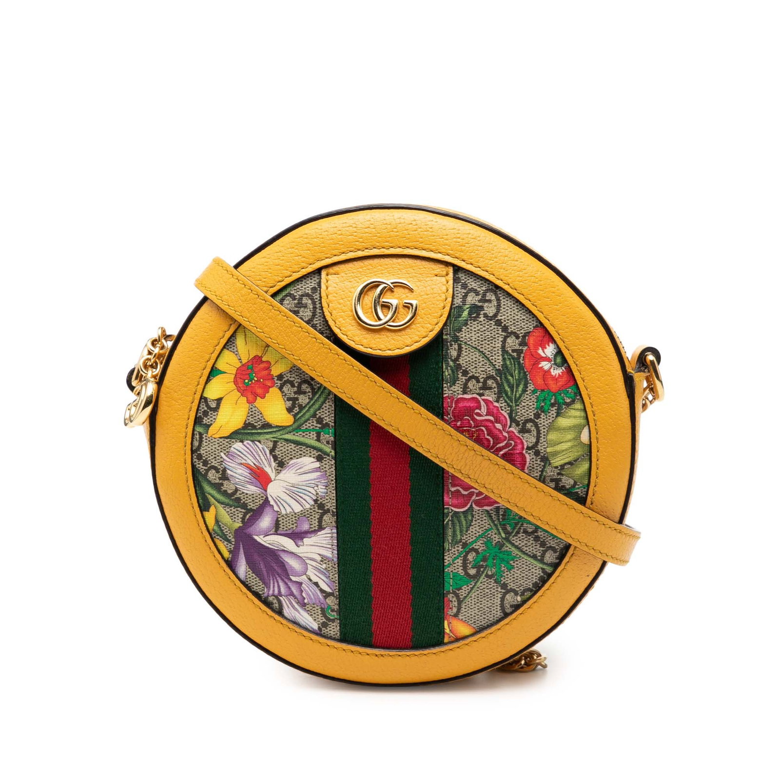 Gucci Flora Ophidia Mini GG Supreme Canvas Round Crossbody Bag: Gucci Flora Ophidia Mini GG Supreme Canvas Round Crossbody Bag This Gucci Mini GG Supreme Flora Ophidia Round Crossbody features a coated canvas body with leather trim, a chain and flat leather strap,