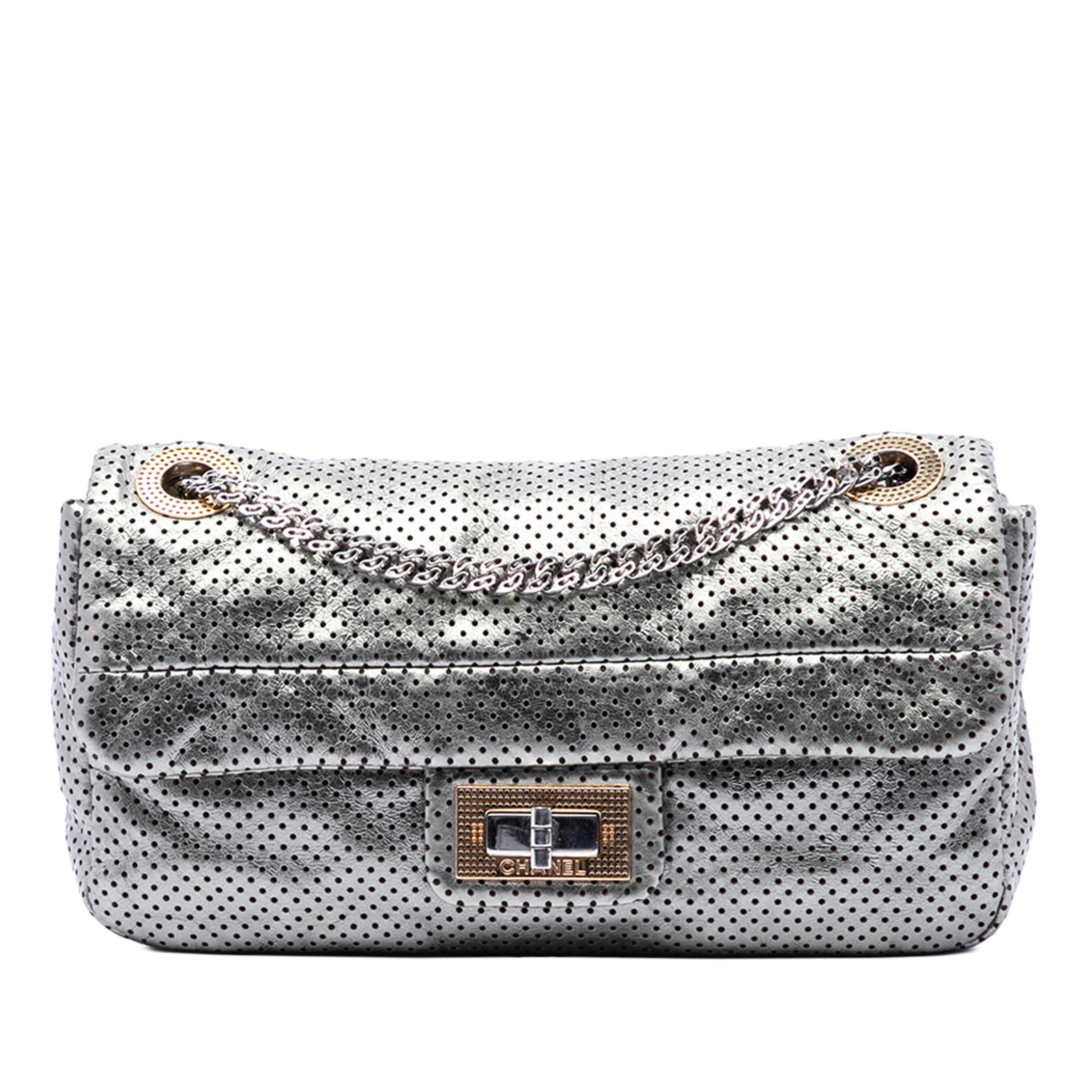 Chanel Reissue Medium Silver Perforated Calfskin Flap Bag: Chanel Reissue Medium Silver Perforated Calfskin Flap Bag This Chanel Medium Reissue Perforated Calfskin Drill Flap shoulder bag features a perforated leather body in silver, accented with chain-link 