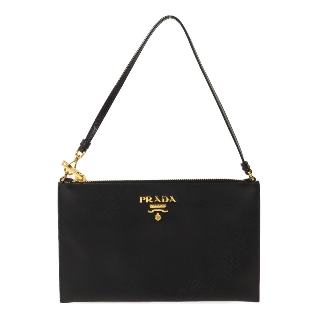 PRADA 1NH004 black calfskin pouch bag with gold tone hardware: PRADA 1NH004 black calfskin pouch bag with gold tone hardware Black PRADA pouch bag model 1NH004 in calfskin (cowhide) leather. It features a handle and an interior layout with four card slots and one