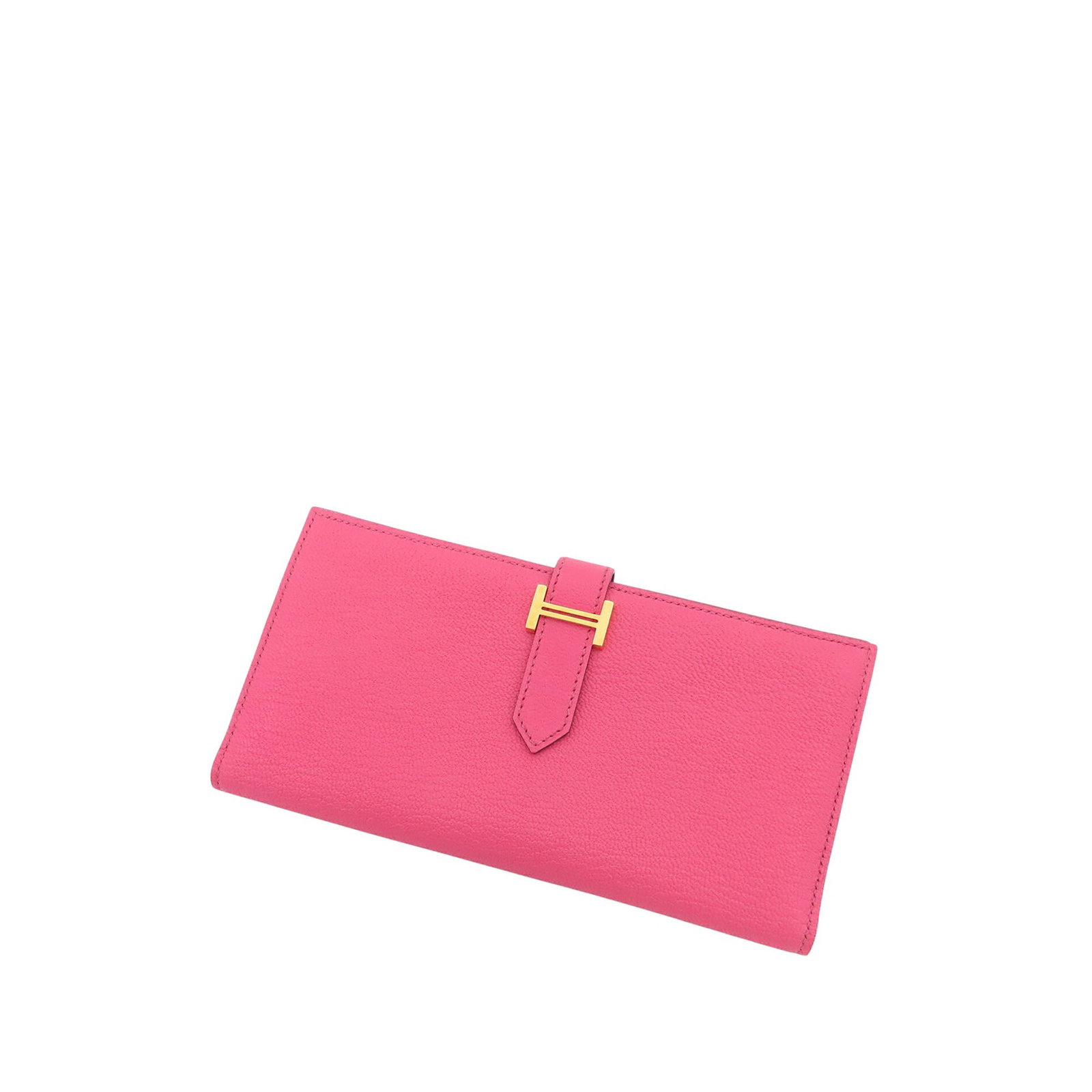 Hermes Bearn Soufflet Chevre leather long wallet Rose Tyrien: Hermes Bearn Soufflet Chevre leather long wallet Rose Tyrien Hermes Chevre Bearn Soufflet Bifold Long Wallet in Chevre leather, made in France. It features a bifold design with a strap and pull-throug