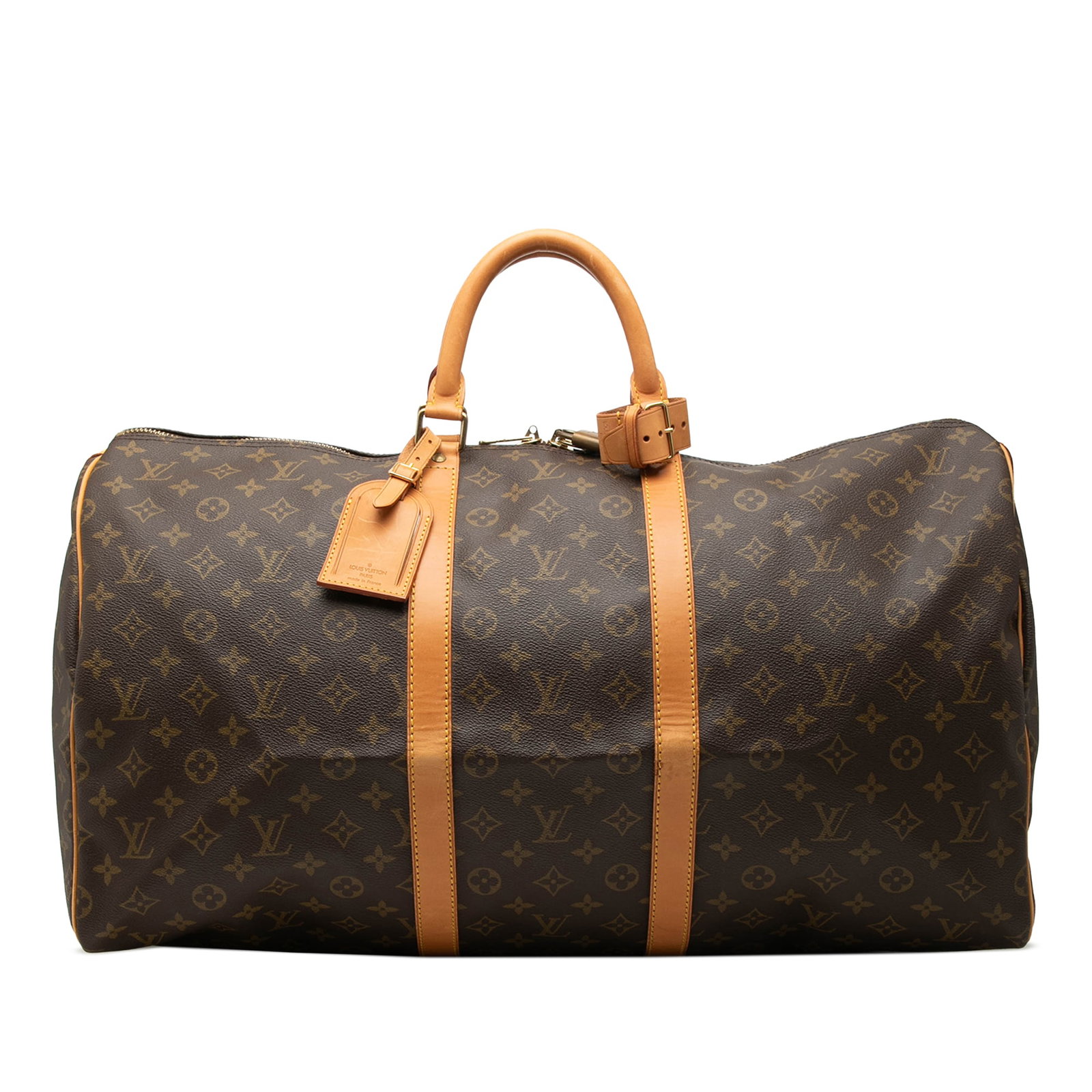 Louis Vuitton Keepall 55 Monogram Travel Bag Brown: Louis Vuitton Keepall 55 Monogram Travel Bag Brown This Louis Vuitton Keepall 55 is a brown monogram canvas bag with vachetta leather trim, rolled vachetta leather handles, and a top zip closure. It i