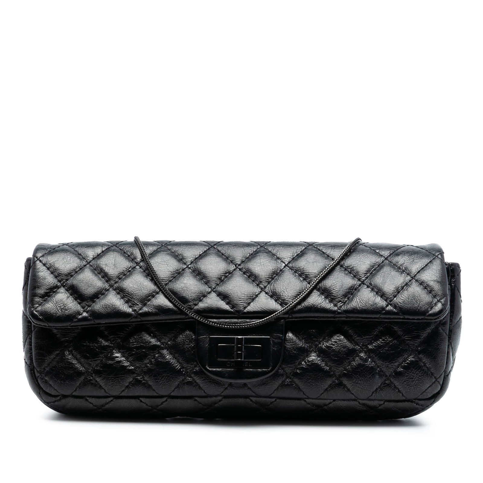 Black Chanel Reissue 2.55 Quilted Leather Chain Shoulder Bag: Black Chanel Reissue 2.55 Quilted Leather Chain Shoulder Bag This Chanel Quilted Glazed Calfskin Reissue 2.55 Clutch with Chain features a quilted leather exterior, a chain strap, and a front flap wit