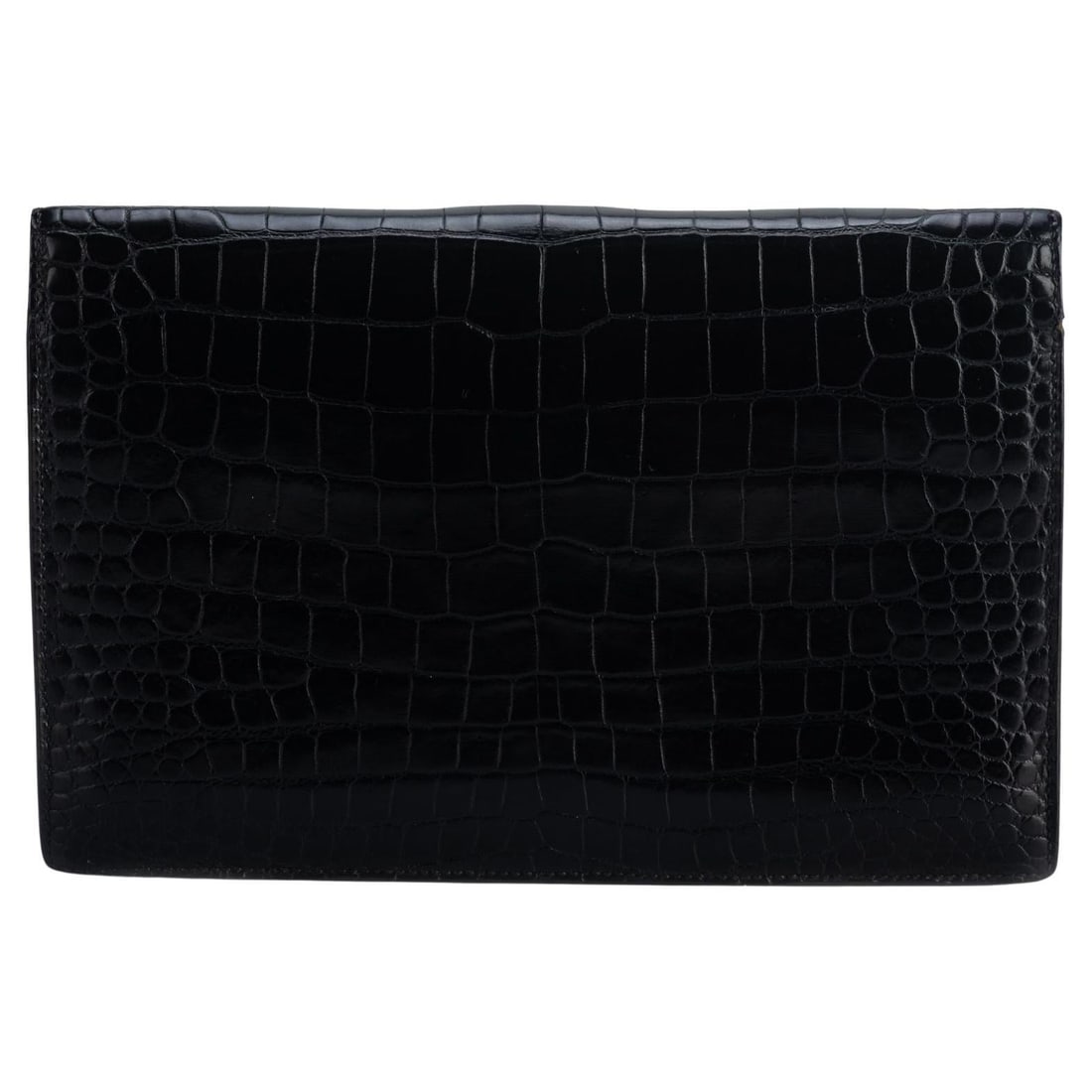 Hermes Vintage Black Crocodile Clutch with Gold Tone Hardware: Hermes Vintage Black Crocodile Clutch with Gold Tone Hardware This exquisite vintage black crocodile clutch from Hermes is a timeless accessory that showcases luxury and elegance. Crafted in France, t