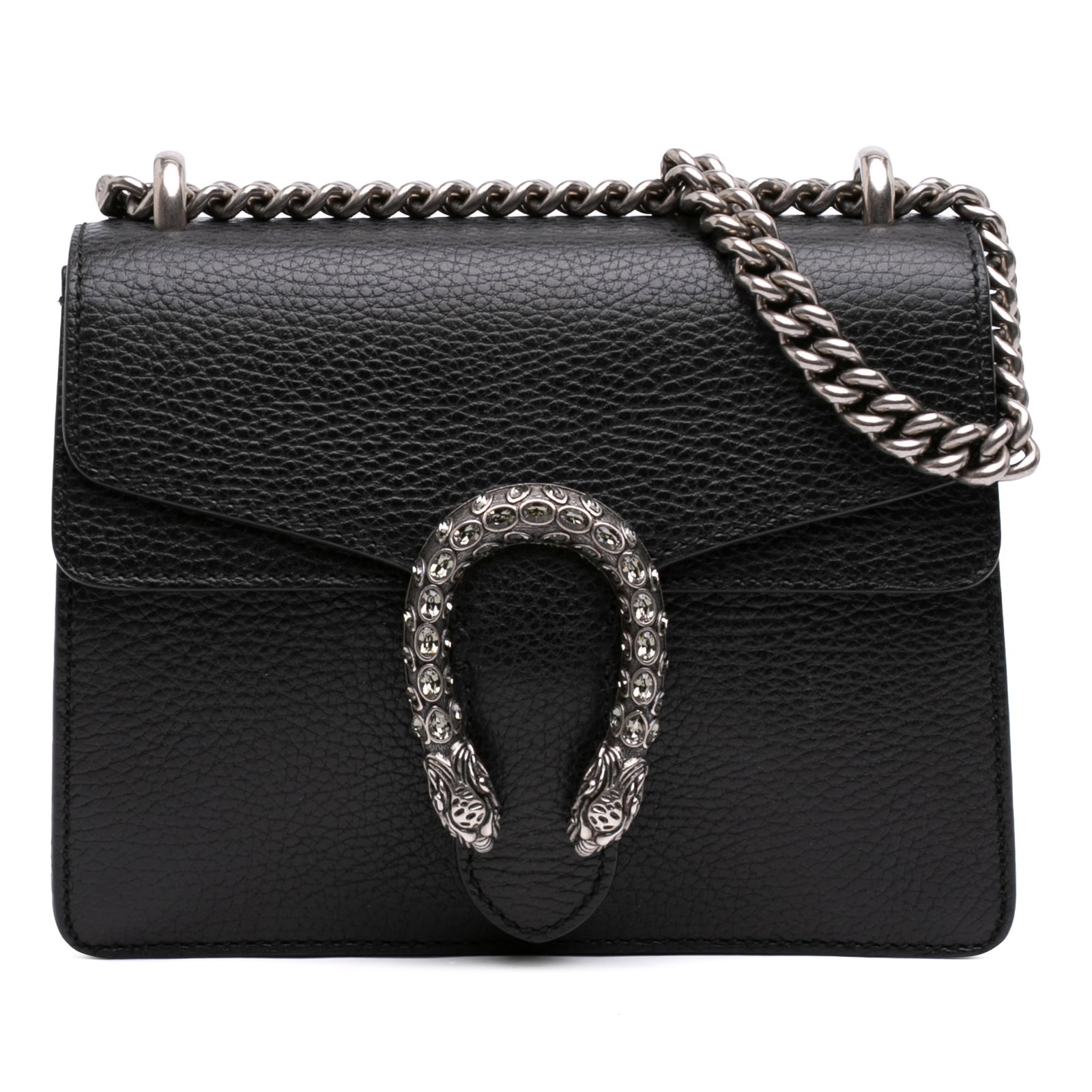 Gucci Dionysus leather crossbody bag with chain strap: Gucci Dionysus leather crossbody bag with chain strap This Gucci Small Calfskin Dionysus Crossbody is crafted with a leather body and finished with a silver-toned chain strap and front flap with push 