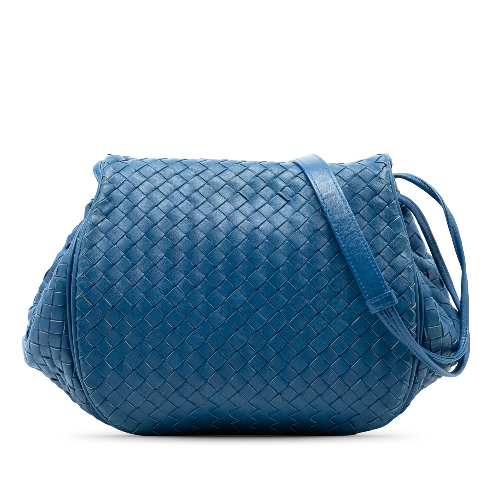 Blue Woven Leather Flap Crossbody Bottega Veneta Intrecciato: Blue Woven Leather Flap Crossbody Bottega Veneta Intrecciato Bottega Veneta Nappa Intrecciato Flap Crossbody in blue woven nappa leather. This crossbody bag features a flat leather shoulder strap, a f