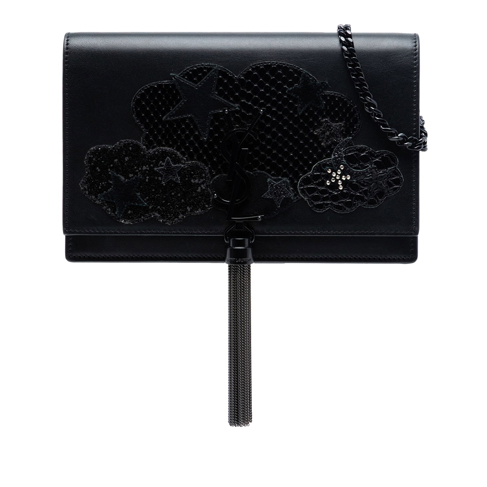 Saint Laurent Kate Cloud Star Leather Wallet on Chain with Tassel: Saint Laurent Kate Cloud Star Leather Wallet on Chain with Tassel This Saint Laurent Kate wallet on chain is crafted from calfskin leather and features cloud and star appliques, a signature monogram o