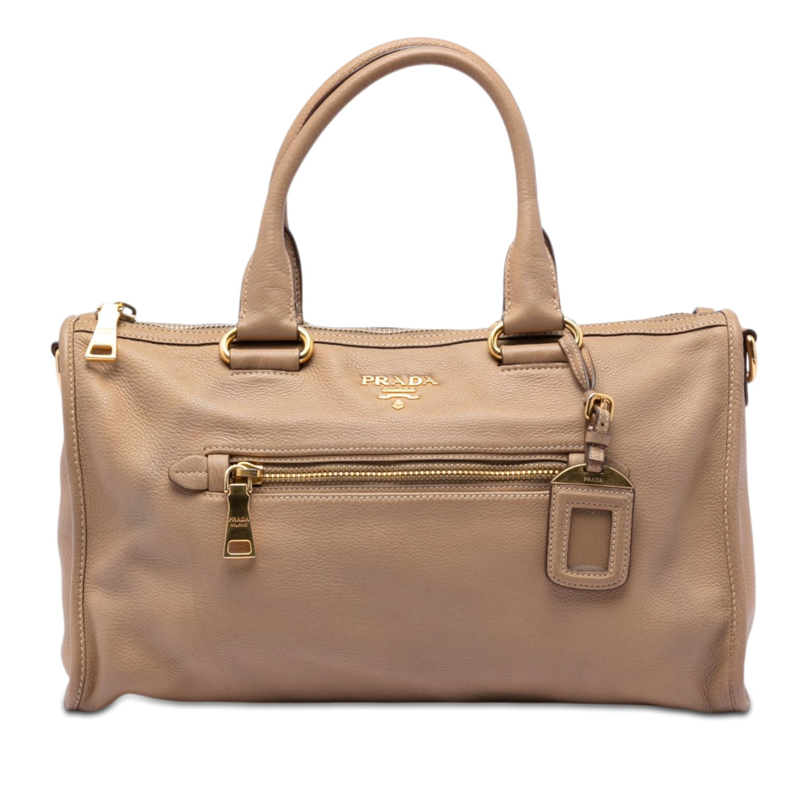 Prada Vitello Daino Leather Satchel with Top Zip Brown: Prada Vitello Daino Leather Satchel with Top Zip Brown Prada Vitello Daino Zip Top Satchel in brown leather with rolled leather handles, a top zip closure, an exterior front zip pocket, and interior z