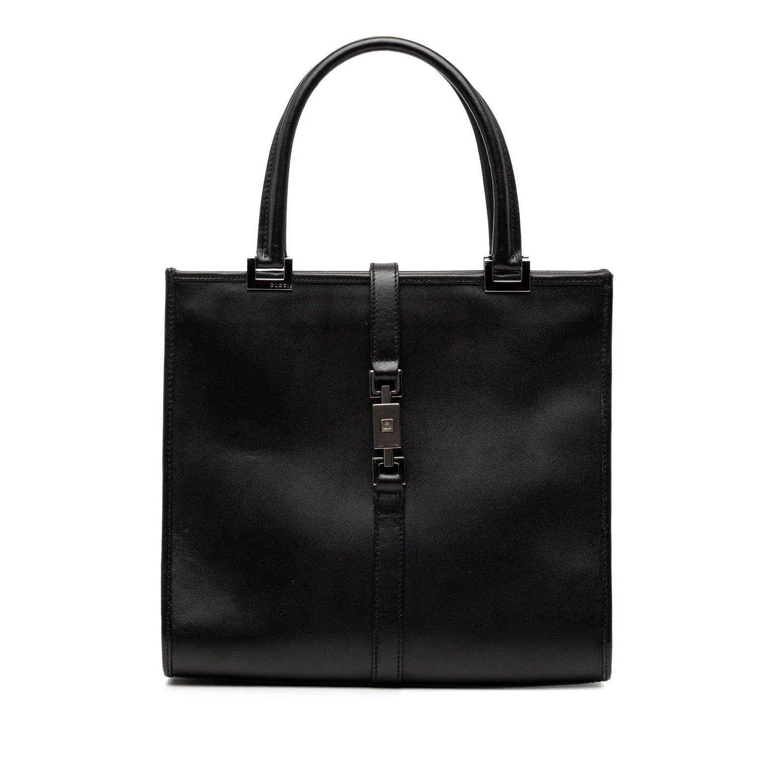 Gucci Jackie Black Leather Handbag with Push Lock Closure: Gucci Jackie Black Leather Handbag with Push Lock Closure This Gucci Jackie handbag is crafted from high-quality black leather and features rolled leather handles, an open top with a flat strap, and a