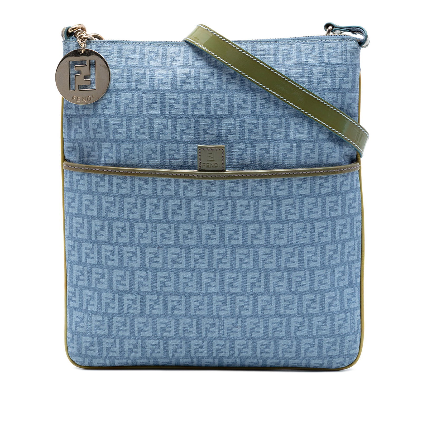 Fendi Forever Zucchino Blue Coated Canvas Crossbody Bag: Fendi Forever Zucchino Blue Coated Canvas Crossbody Bag Fendi Zucchino Coated Canvas Forever Crossbody bag in blue, made in Italy. It features a coated canvas body, an adjustable flat leather strap, a