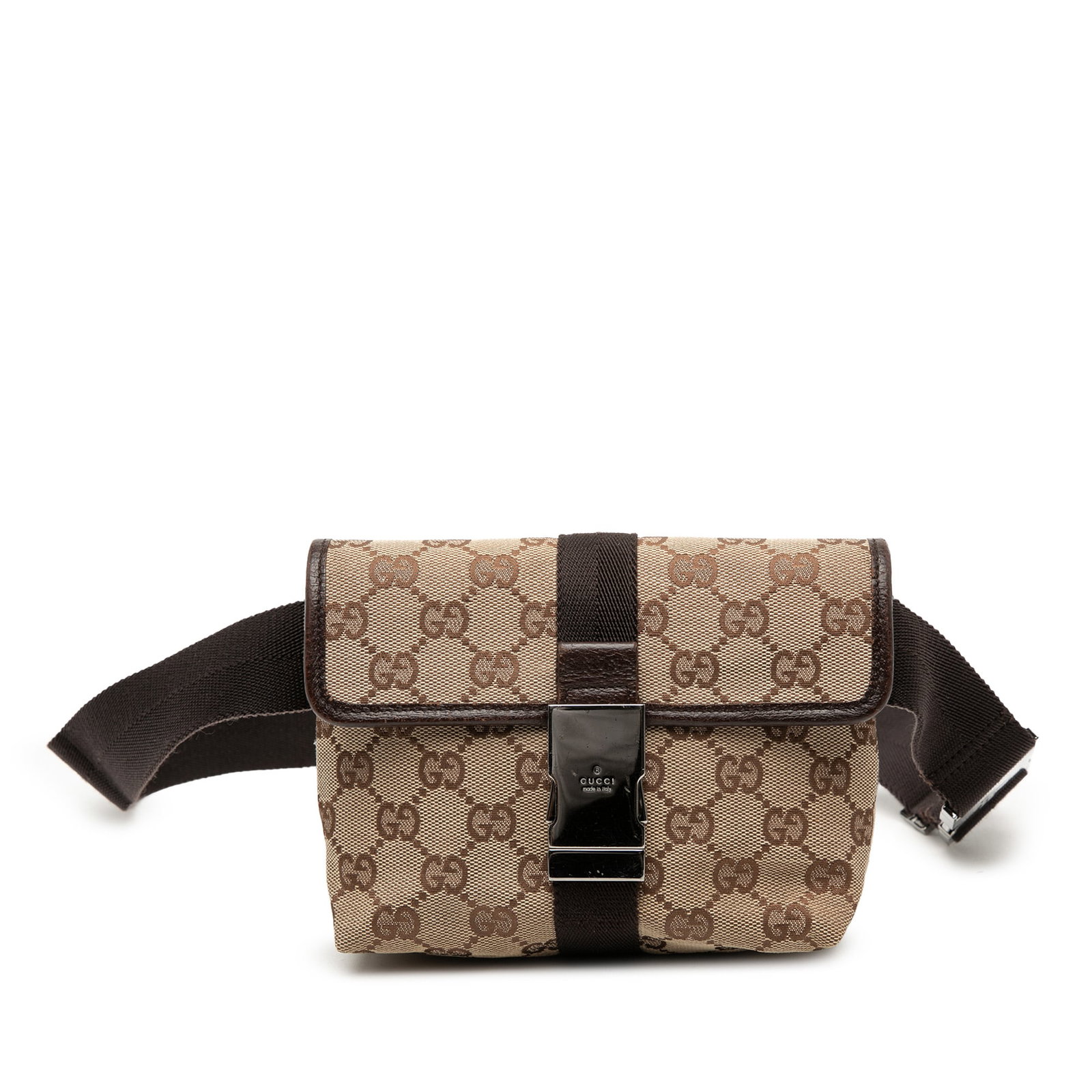 Gucci GG Canvas Beige Waist Bag: Gucci GG Canvas Beige Waist Bag This Gucci GG Canvas Belt Bag features a beige canvas body with leather trim and an adjustable flat waist strap. The design includes a flap with buckle closure and an i