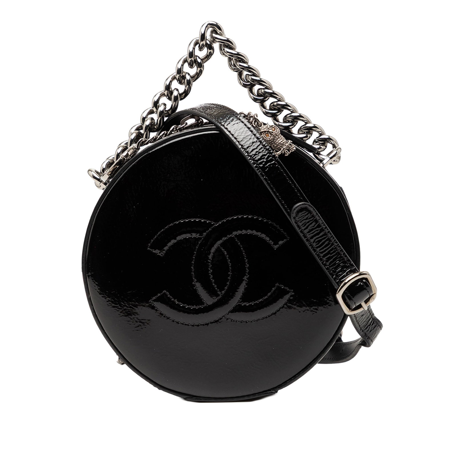 Chanel Black Patent Leather Round As Earth Satchel Bag Italy: Chanel Black Patent Leather Round As Earth Satchel Bag Italy This Chanel Patent Round As Earth Bag features a black patent leather body with a distinctive round silhouette. It is designed with a chain