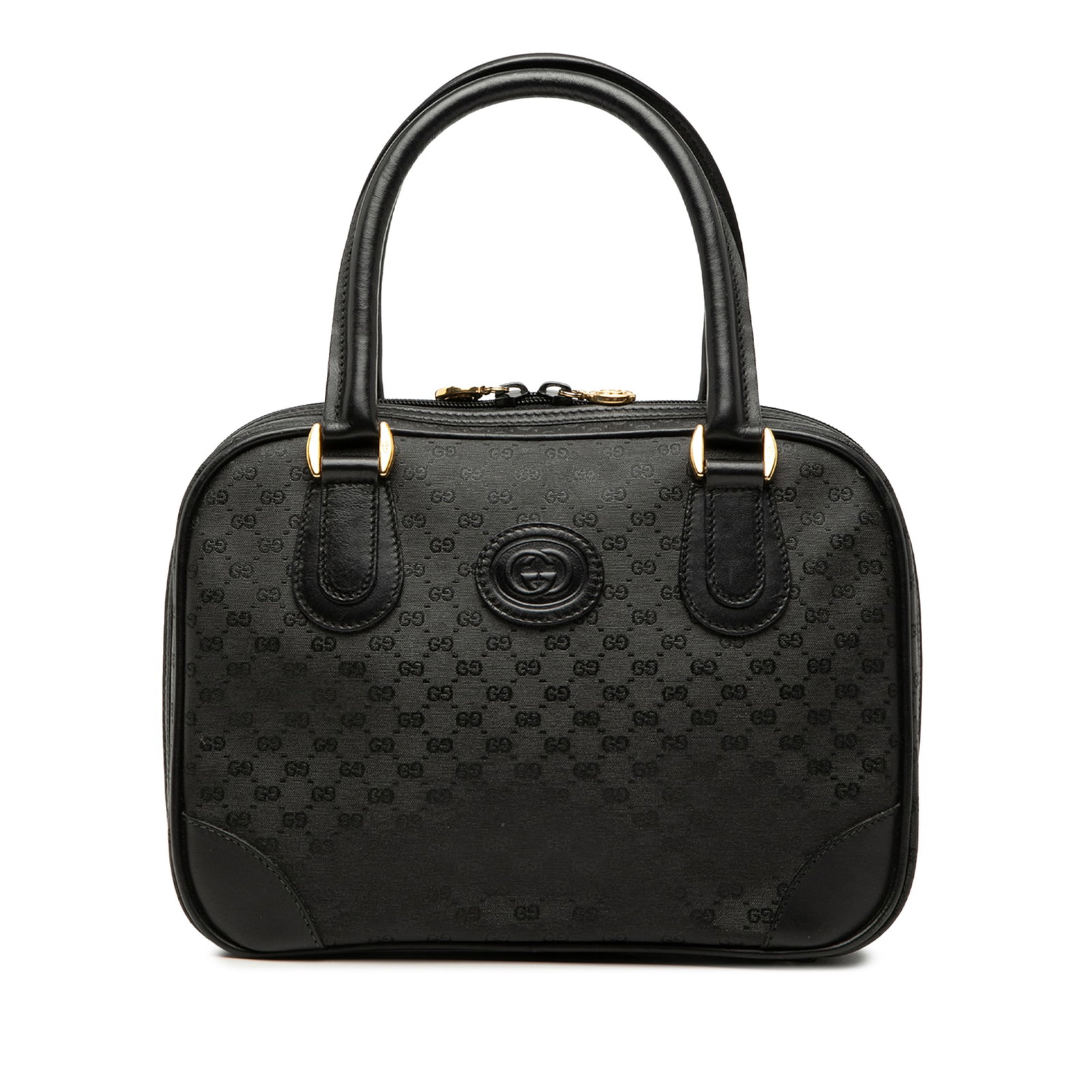 Gucci Micro GG Supreme Coated Canvas Top Zip Bag: Gucci Micro GG Supreme Coated Canvas Top Zip Bag Gucci Micro GG Supreme handbag in black, made with a coated canvas body, leather trim, and rolled leather handles. It features a top zip closure and an