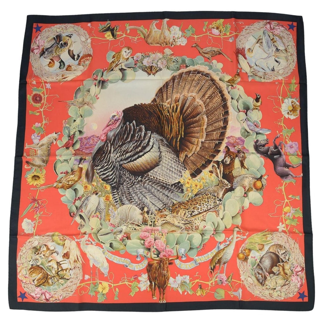 Faune et Flore du Texas Silk Square Scarf by Hermes 35 Inch: Faune et Flore du Texas Silk Square Scarf by Hermes 35 Inch This Hermes "Faune et Flore du Texas" scarf is crafted from 100% silk and features hand rolled edges. Designed by Kermit Oliver, it showcase