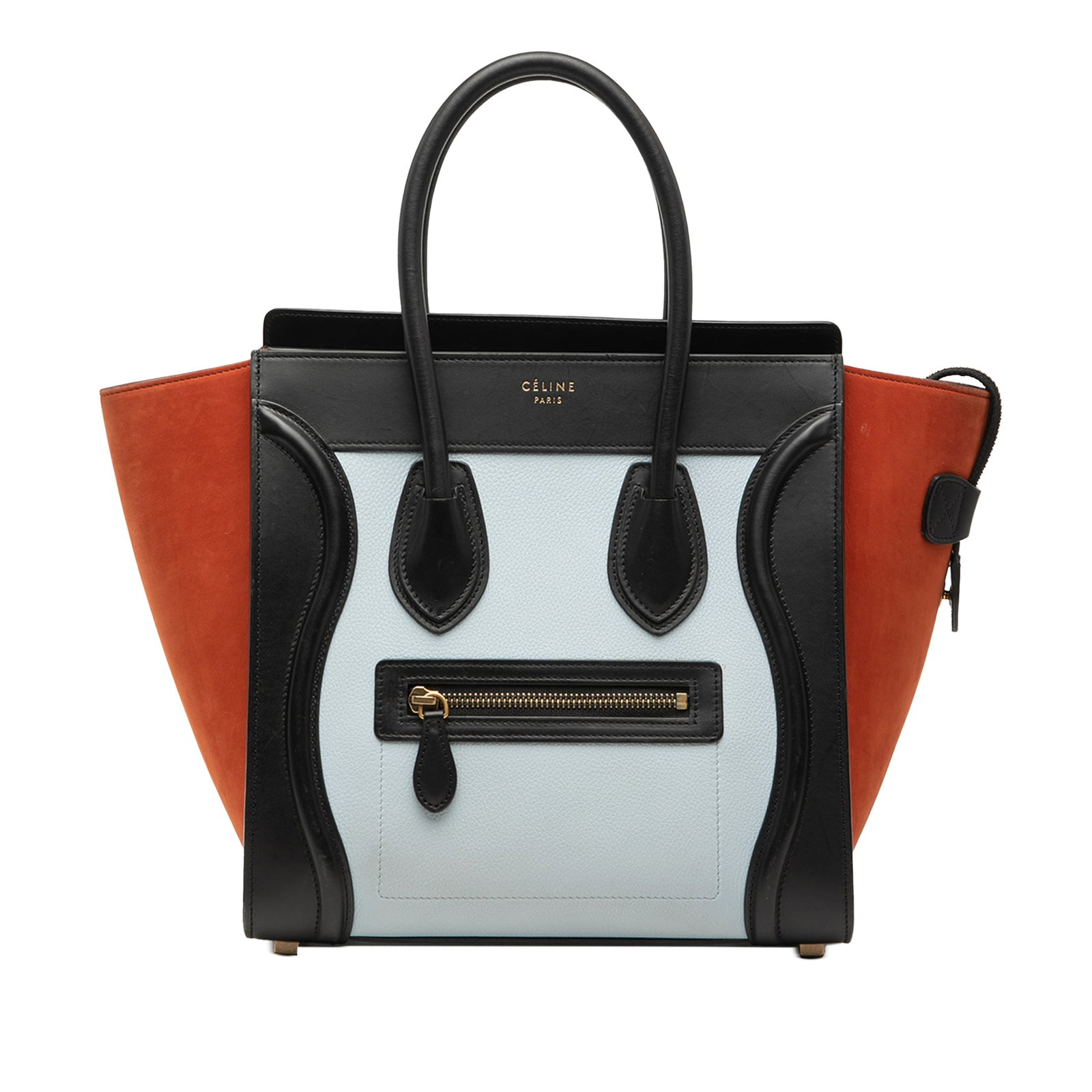 Celine Luggage Tote Micro Tricolor Nubuck Calfskin Bag: Celine Luggage Tote Micro Tricolor Nubuck Calfskin Bag Celine Micro Tricolor Luggage Tote crafted in nubuck and calfskin leather. This tote features rolled leather handles, a top zip closure, an exter