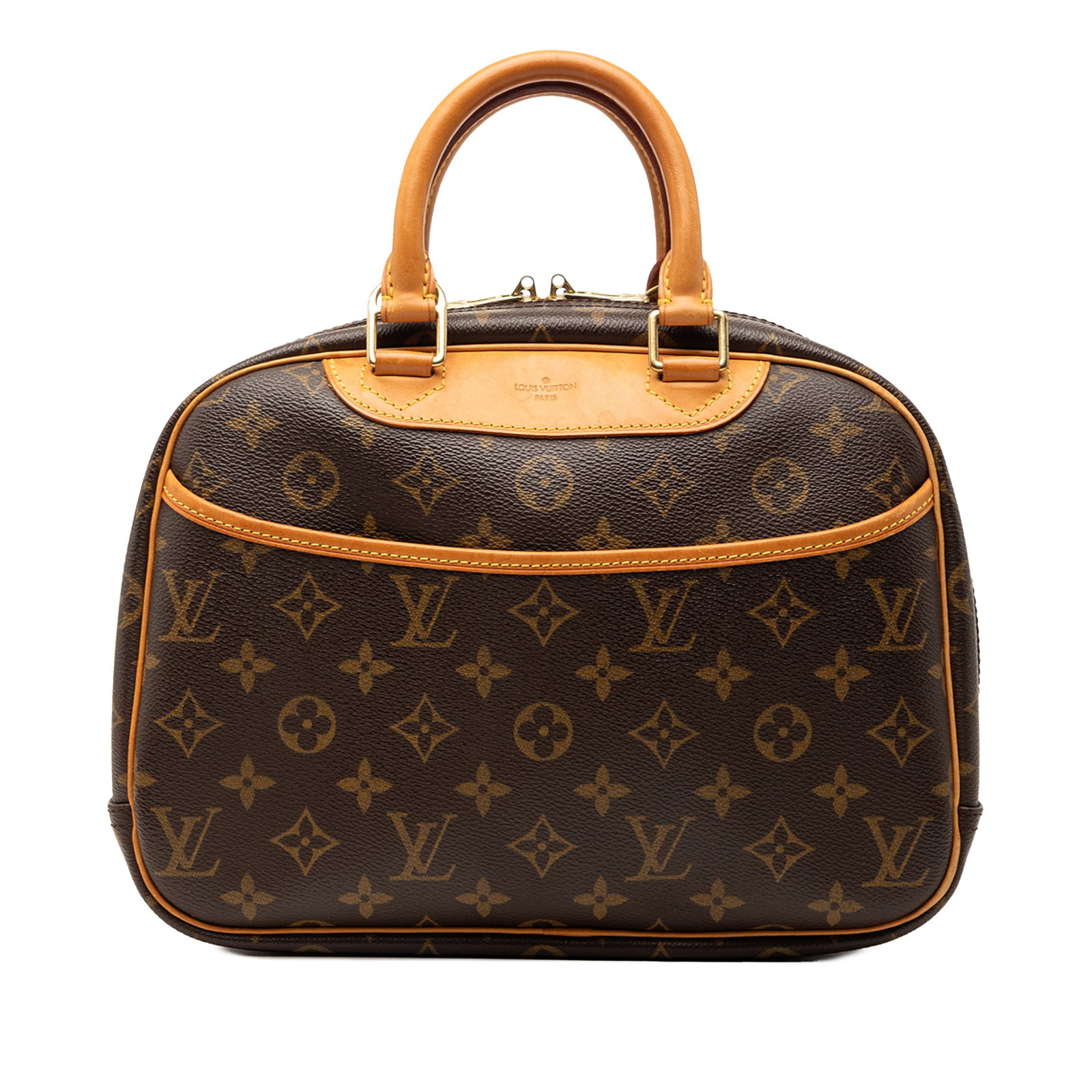 Louis Vuitton Trouville Monogram Canvas Handbag: Louis Vuitton Trouville Monogram Canvas Handbag This Louis Vuitton Monogram Trouville bag features the iconic monogram canvas with vachetta leather trim and rolled handles. It is designed with a top z