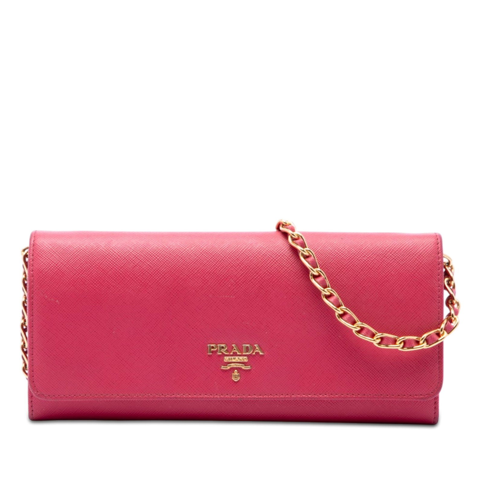 Prada Saffiano leather wallet on chain pink Italy: Prada Saffiano leather wallet on chain pink Italy Prada Saffiano Wallet On Chain in pink leather, made in Italy. It features a saffiano leather body, a leather woven chain strap, a front flap with sna