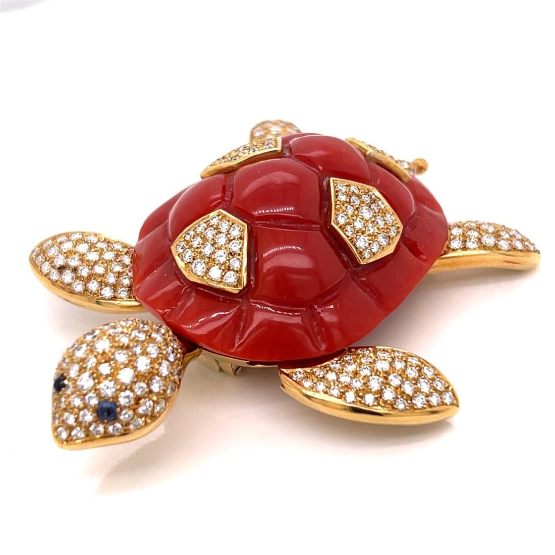 Turtle Brooch in 18K Yellow Gold with Certified Coral and Diamonds by NARDI (1 of 8)