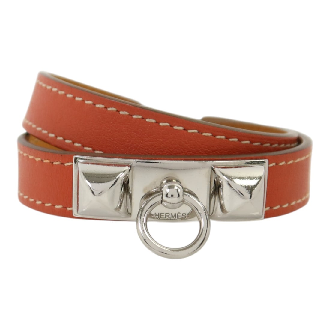 Hermes Rivale Double Tour Bracelet Red Swift Calfskin PHW: Hermes Rivale Double Tour Bracelet Red Swift Calfskin PHW Hermes PHW Rivale Double Tour bracelet bangle in red Swift leather with calfskin (cowhide) details. This women's bracelet is identified as mod