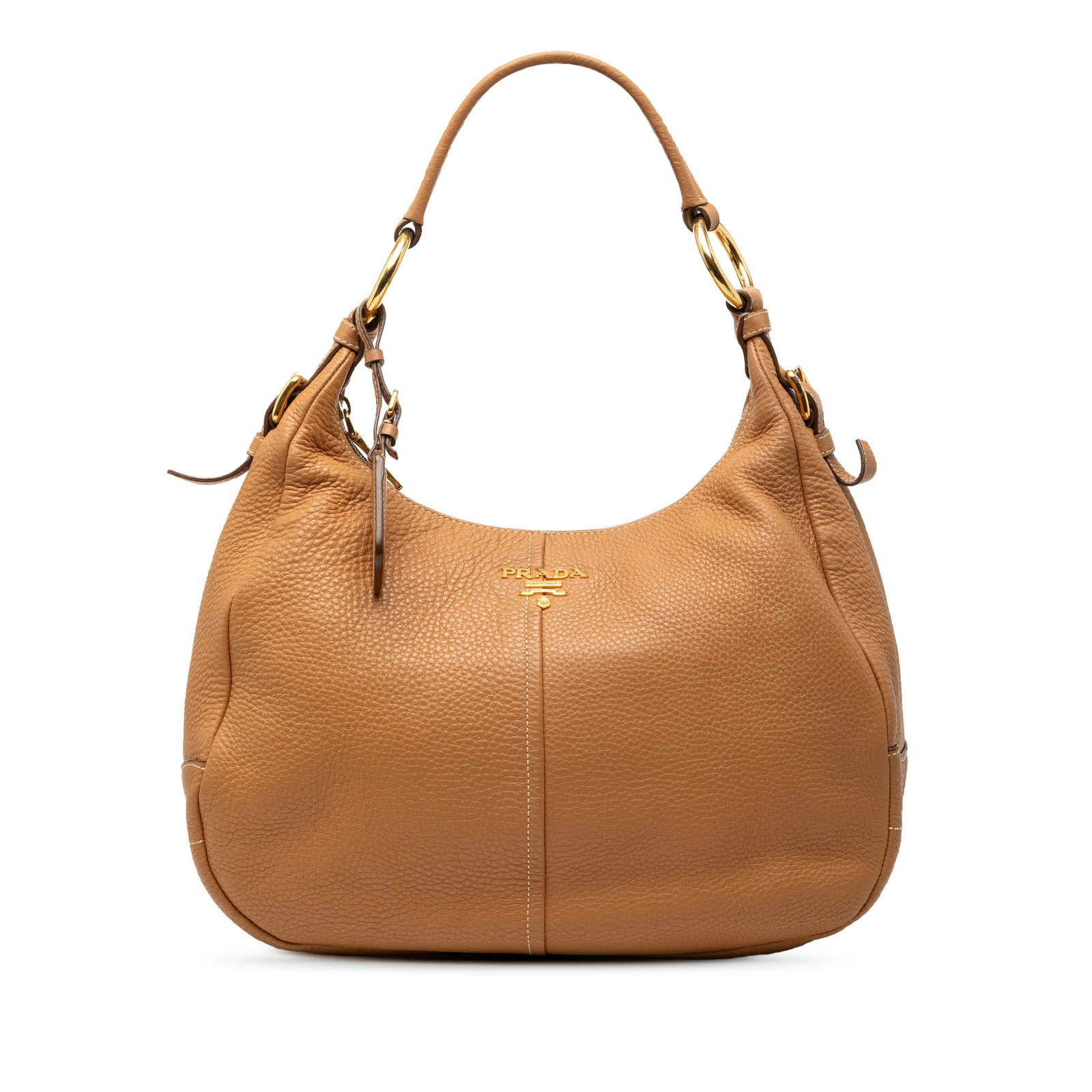 Brown Leather Vitello Daino Shoulder Bag by Prada: Brown Leather Vitello Daino Shoulder Bag by Prada This Prada Vitello Daino shoulder bag features a brown leather body with a flat strap, top zip closure, and interior zip and slip pockets. The bag sho