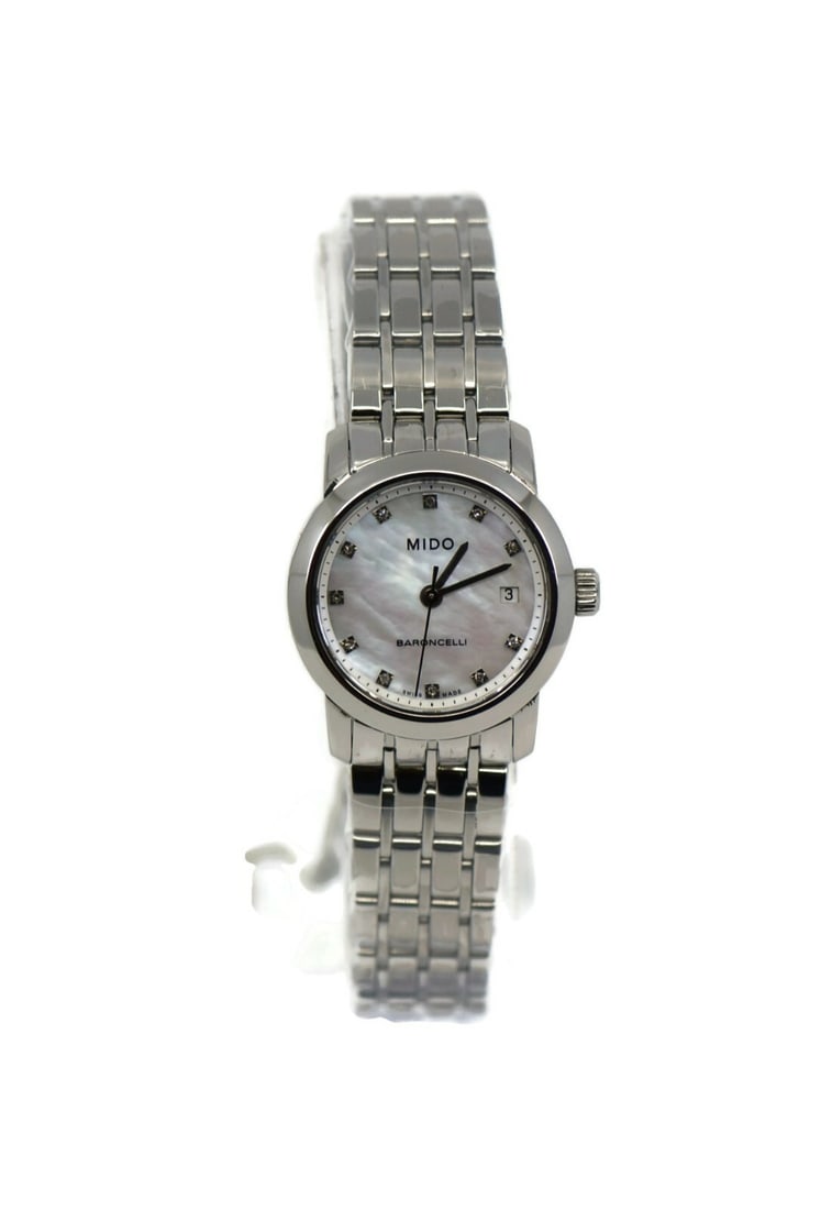Mido Baroncelli Diamond Stainless Steel Watch M3491.4.69.1 Authentic Box Papers: Mido Baroncelli Diamond Stainless Steel Watch M3491.4.69.1 Authentic Box Papers The Mido Baroncelli Diamond Stainless Steel Watch is a sophisticated wristwatch featuring a sleek silver dial and a dura