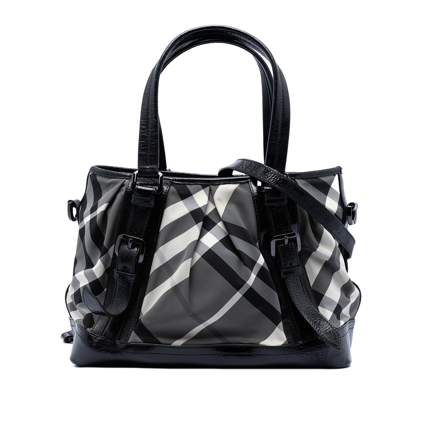 Burberry Lowry Satchel Beat Check Nylon Patent Leather Gray: Burberry Lowry Satchel Beat Check Nylon Patent Leather Gray This Burberry Beat Check Nylon Lowry Satchel features a nylon body with patent leather trim, flat patent leather handles, and a detachable, 