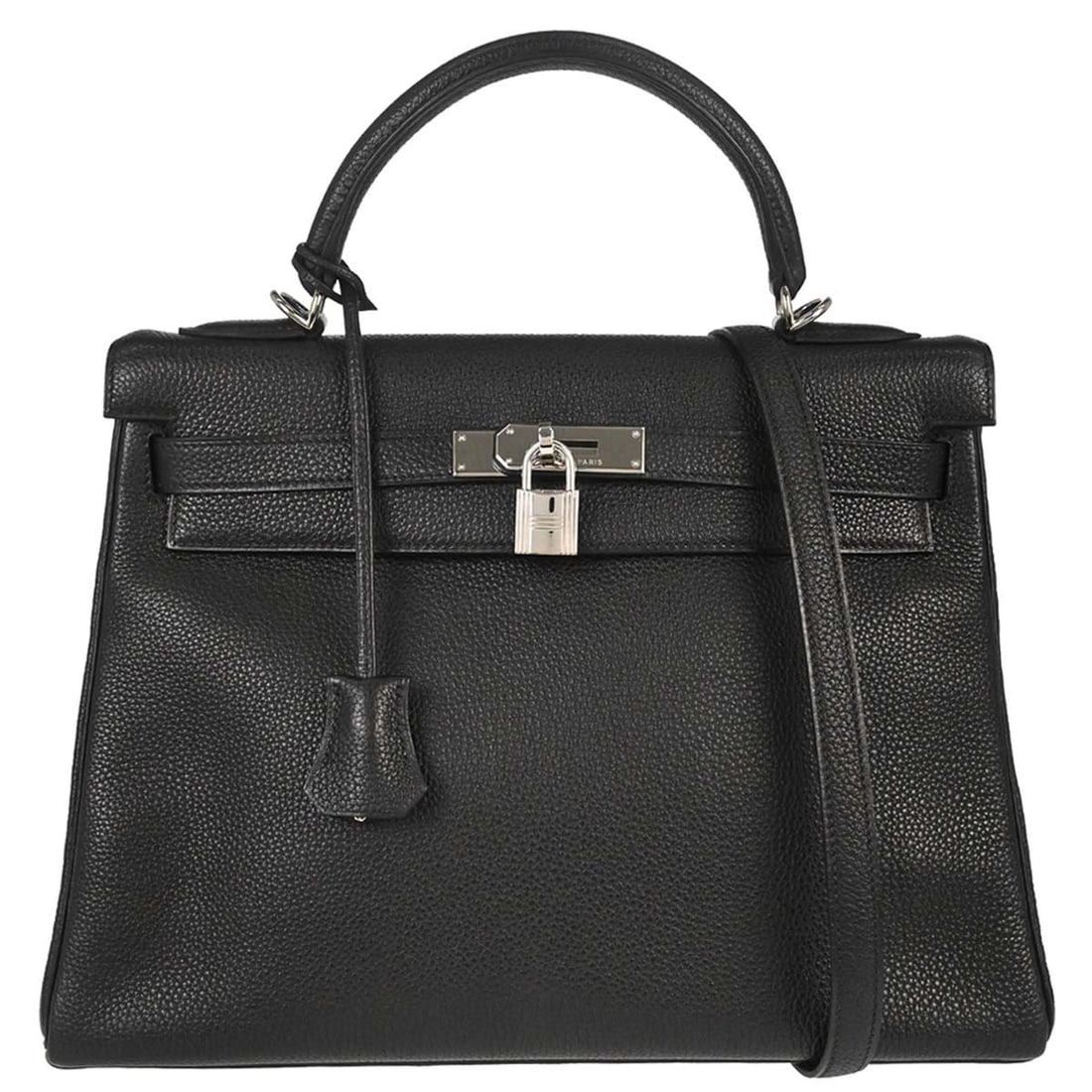 Hermes Kelly 32 Retourne Black Togo Leather Satchel with Strap: Hermes Kelly 32 Retourne Black Togo Leather Satchel with Strap Hermes Kelly 32 Retourne 2-way handbag in black Togo leather with a turn-lock flap closure, top handle, and detachable shoulder strap. Th