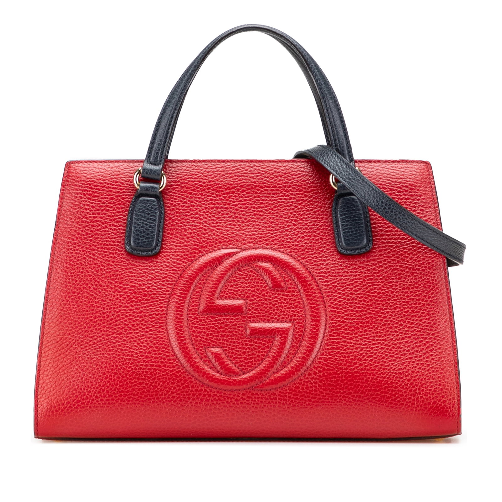 Gucci Medium Tricolor Pebbled Calfskin Soho Top Handle Bag Red: Gucci Medium Tricolor Pebbled Calfskin Soho Top Handle Bag Red This Gucci Medium Tricolor Pebbled Calfskin Soho Convertible Top Handle Bag is a stylish and versatile accessory. Crafted from high-quali