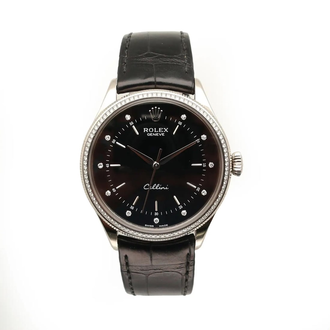 Rolex Cellini Time 39mm White Gold Diamond Bezel Watch: Rolex Cellini Time 39mm White Gold Diamond Bezel Watch This pre-owned Rolex Cellini Time wristwatch features a 39mm round case crafted from 18K white gold with a polished finish. The black dial is ado