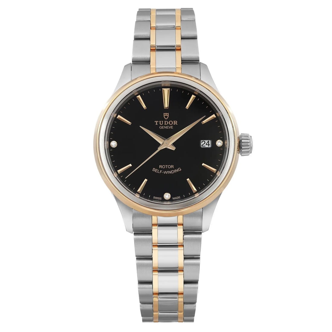 TUDOR Tudor Style 28mm Black Diamond Dial Ladies Watch 12103 Unworn with Box and Papers: TUDOR Tudor Style 28mm Black Diamond Dial Ladies Watch 12103 Unworn with Box and Papers This elegant Tudor Style wristwatch features a 28mm round case made of stainless steel with a brushed gray finis