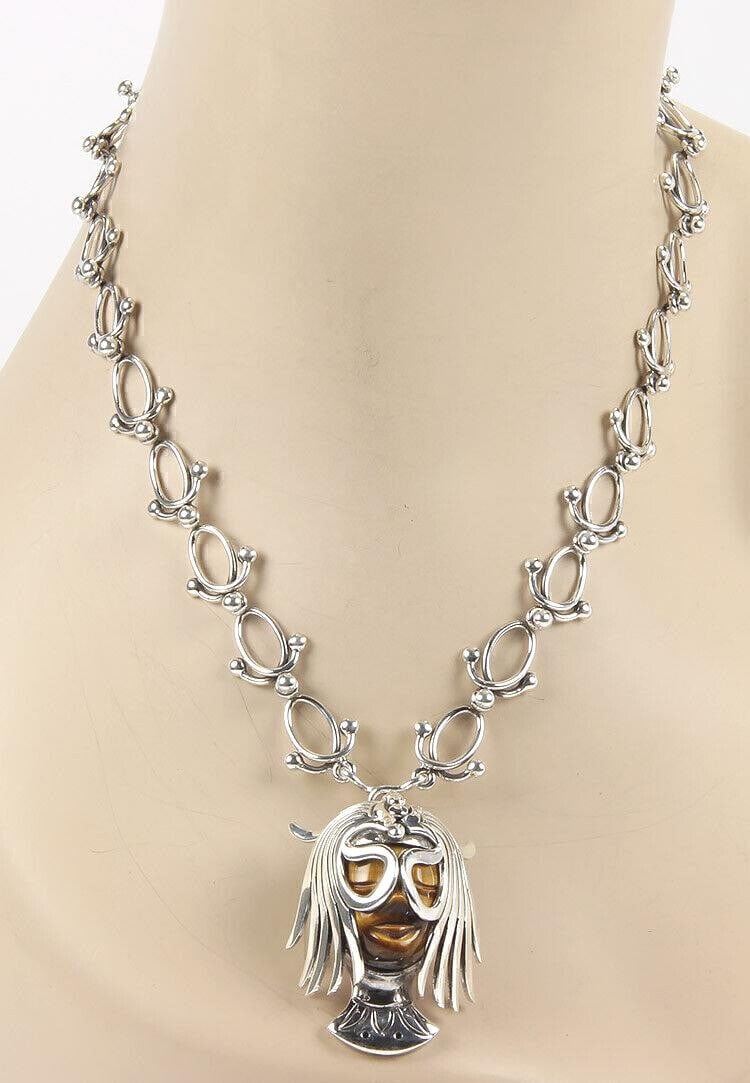 Los Ballesteros sterling silver tiger's eye masked lady face necklace (1 of 8)