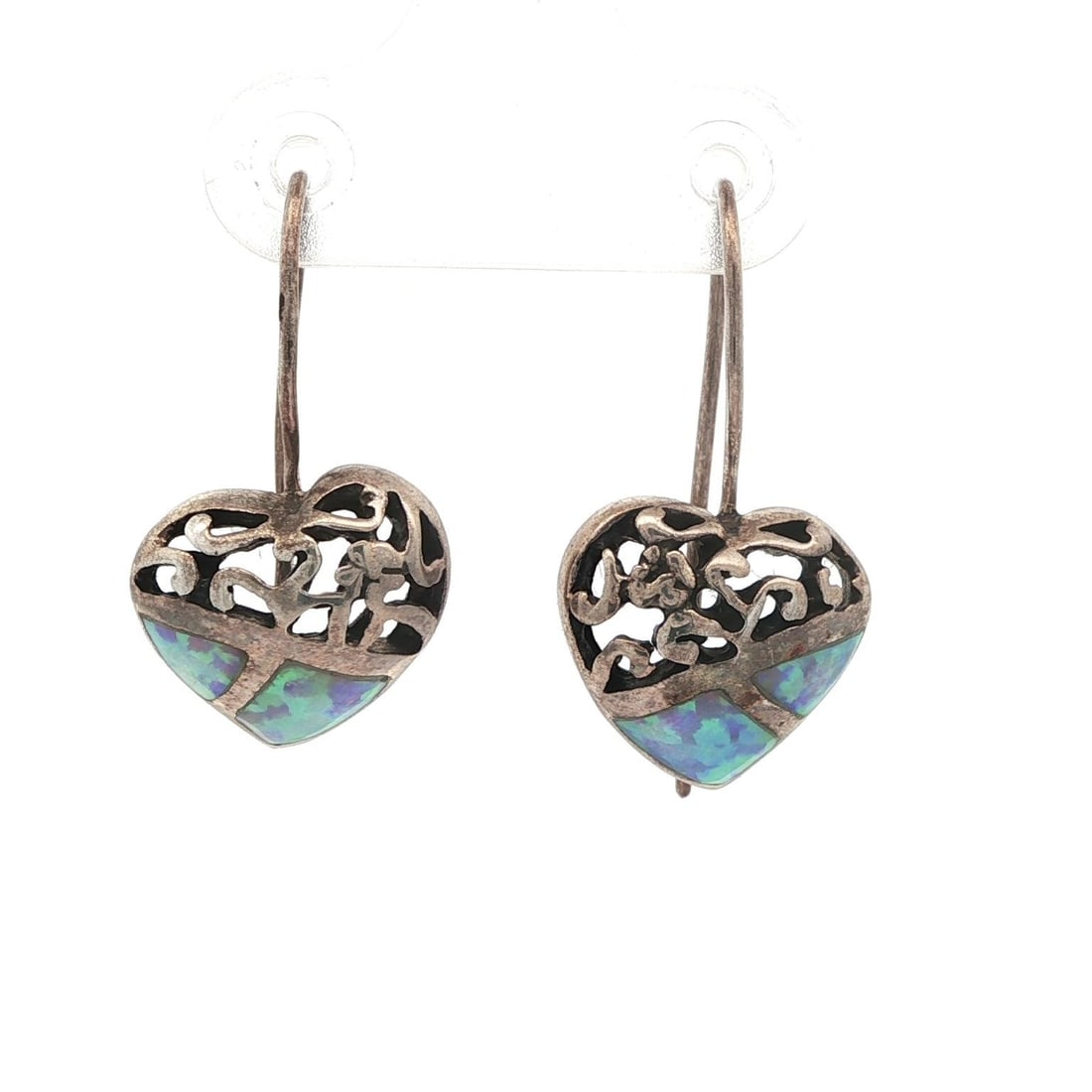 Sterling Silver Opal Heart Dangle Earrings Natural Blue Inlay (1 of 6)