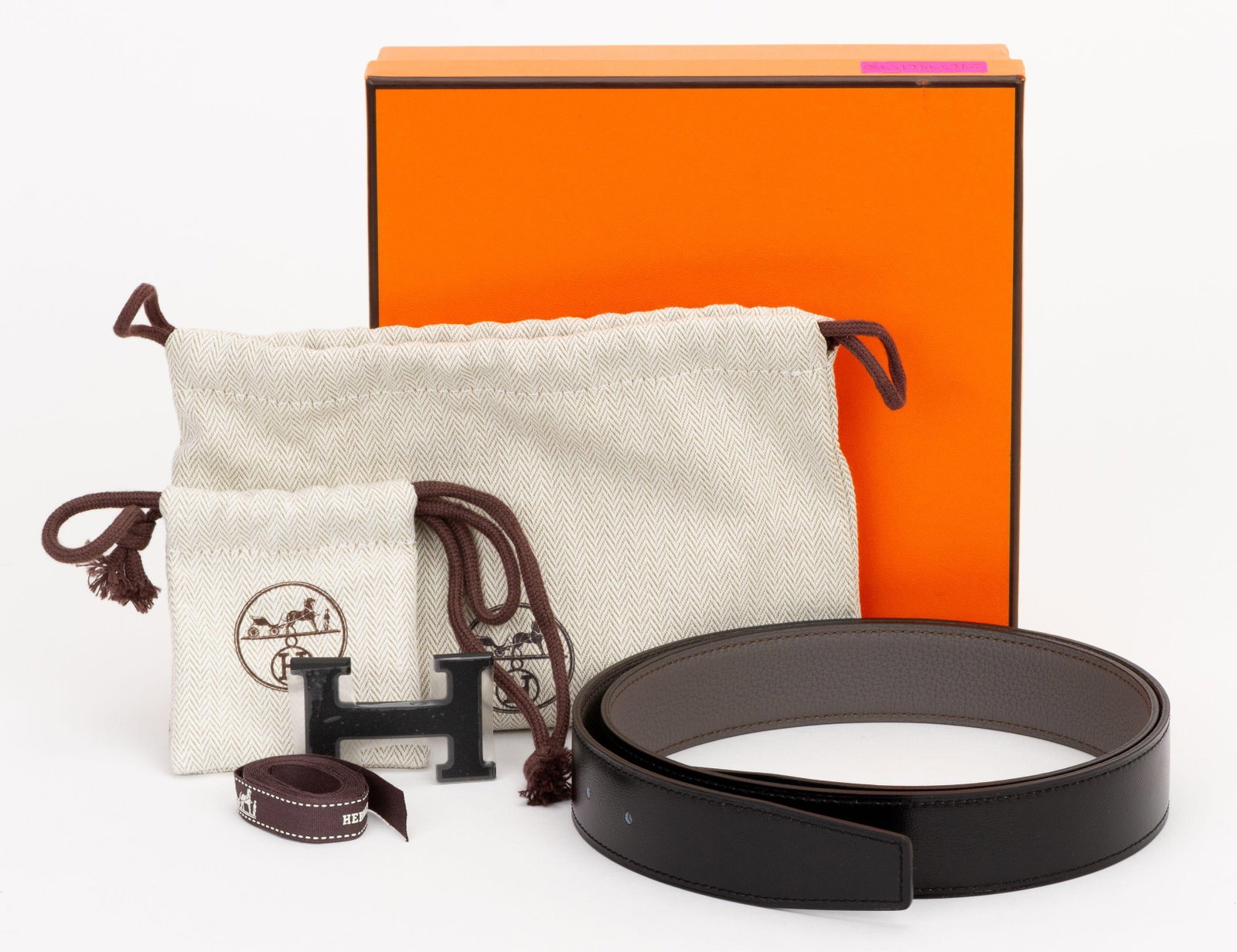 Hermes H Reversible Belt Gray Black Matte Buckle 95cm: Hermes H Reversible Belt Gray Black Matte Buckle 95cm Hermes "H" reversible belt in gray with a black matte H buckle. Includes the original box and dust bags. Condition is un-used. Specifications Bran