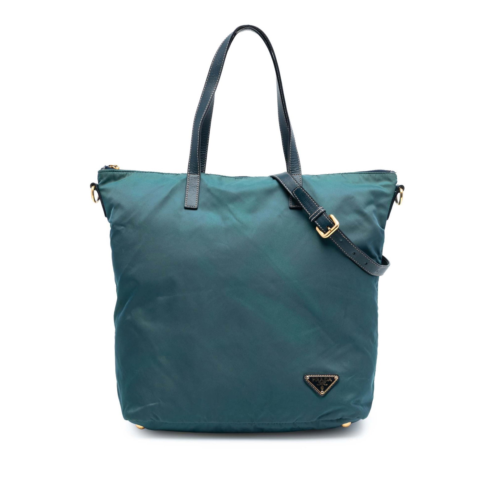 Prada Tessuto Convertible Tote with Saffiano Leather Details: Prada Tessuto Convertible Tote with Saffiano Leather Details This Prada Saffiano Trimmed Tessuto Zip Top Convertible Tote features a durable nylon body with flat leather handles and a detachable flat 
